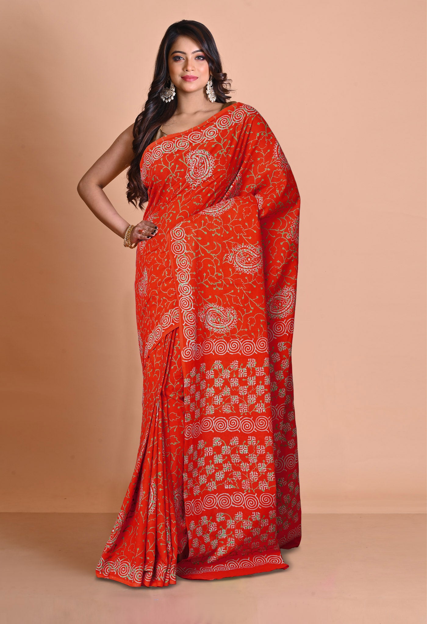 Red Pure Napthol Hand Block Pinted Soft Cotton Saree-UNM79813