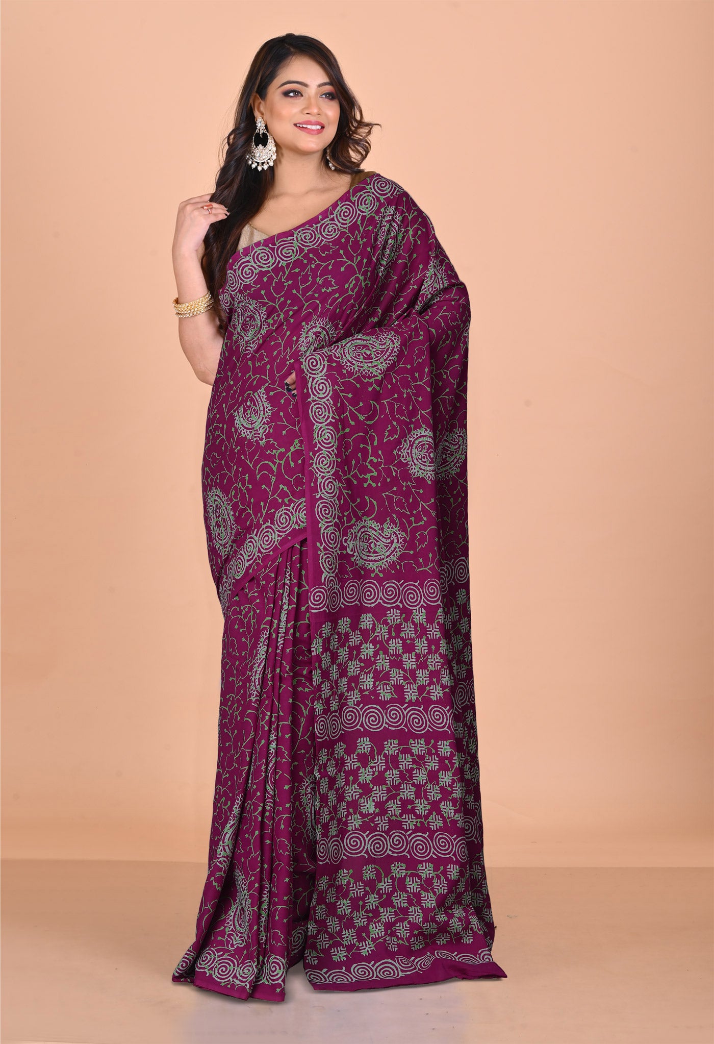 Dark Purple Pure Napthol Hand Block Pinted Soft Cotton Saree-UNM79815