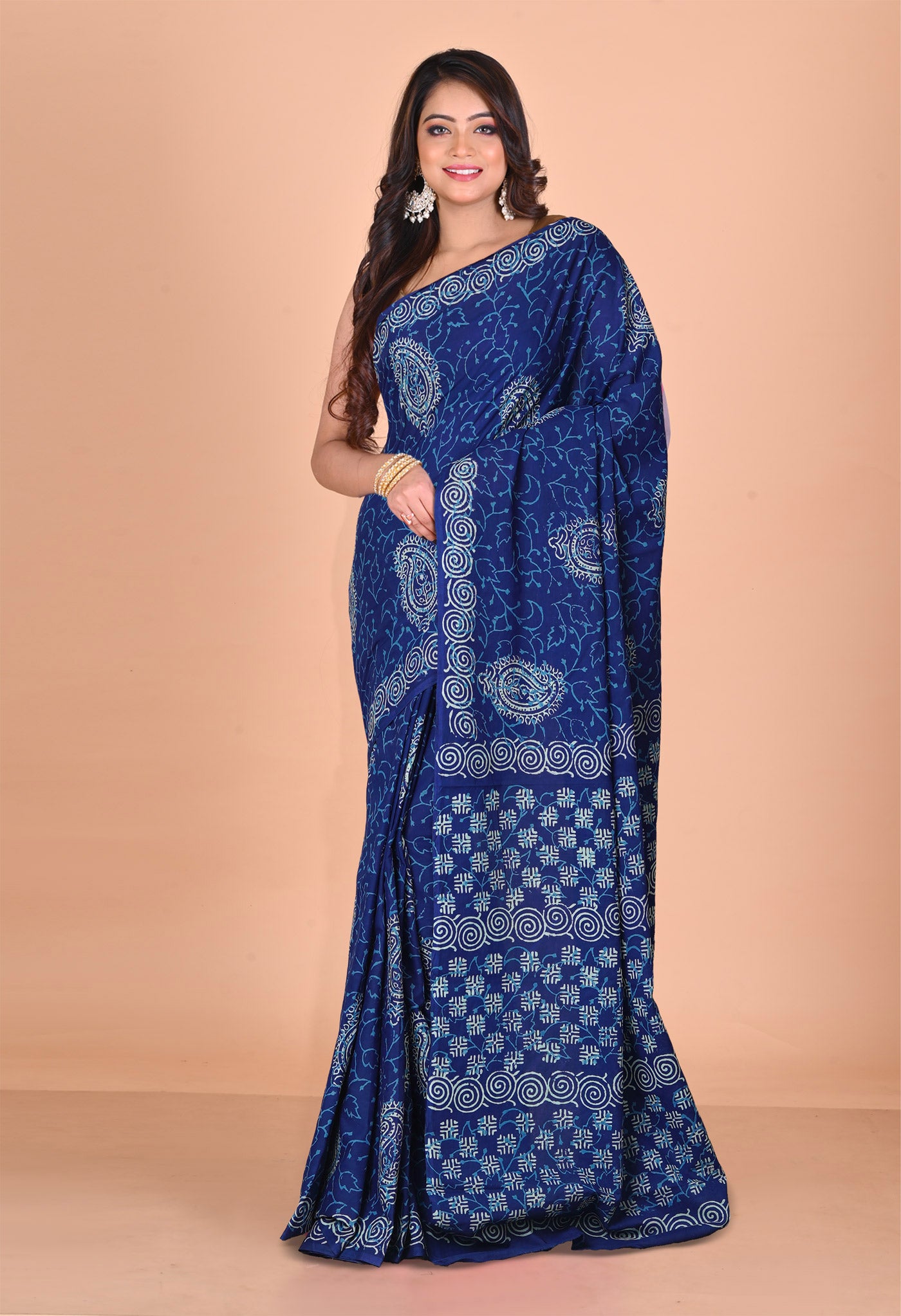 Navy Blue Pure Napthol Hand Block Pinted Soft Cotton Saree-UNM79816