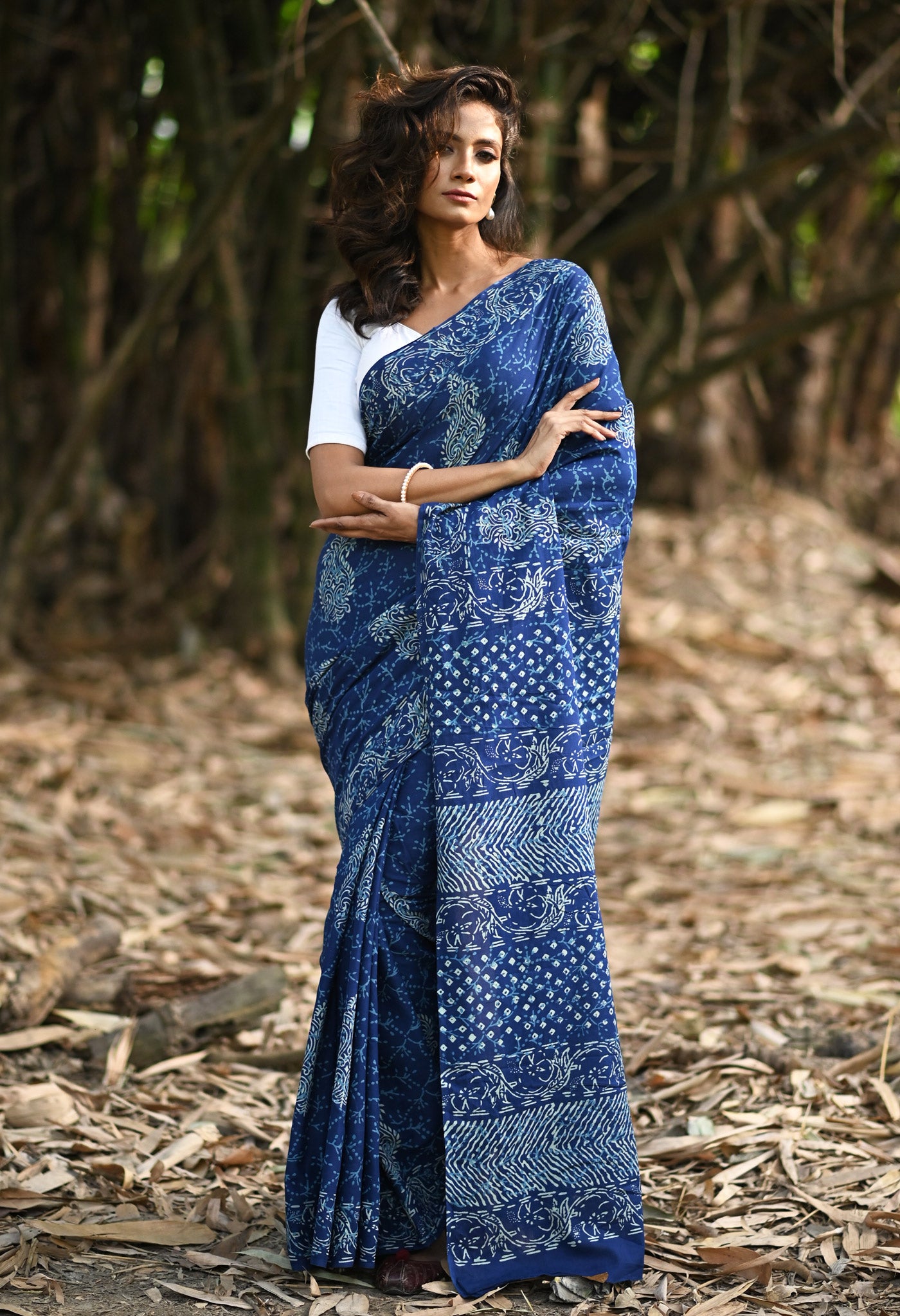 Navy Blue Pure Napthol Hand Block Pinted Soft Cotton Saree-UNM79819