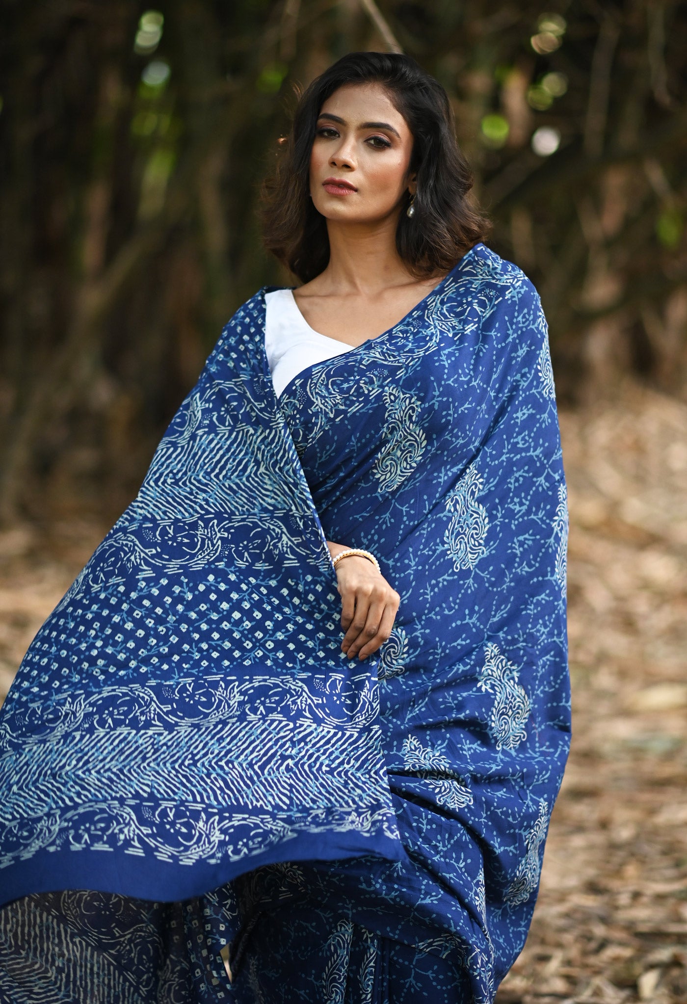 Navy Blue Pure Napthol Hand Block Pinted Soft Cotton Saree-UNM79819