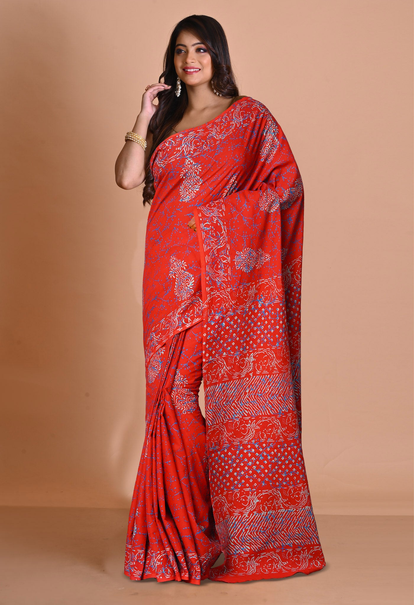 Red Pure Napthol Hand Block Pinted Soft Cotton Saree-UNM79820