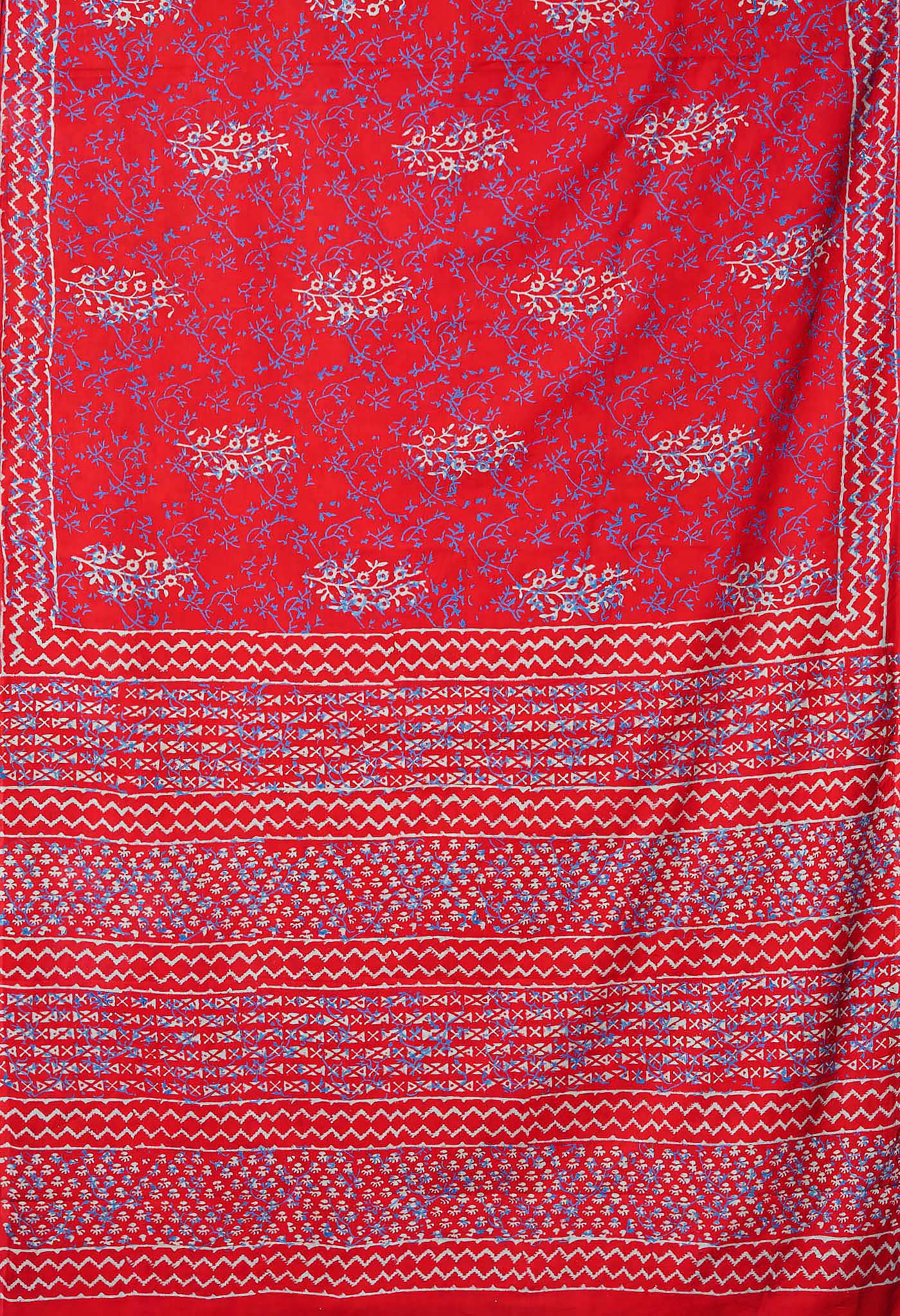 Red Pure Napthol Hand Block Pinted Soft Cotton Saree-UNM79822