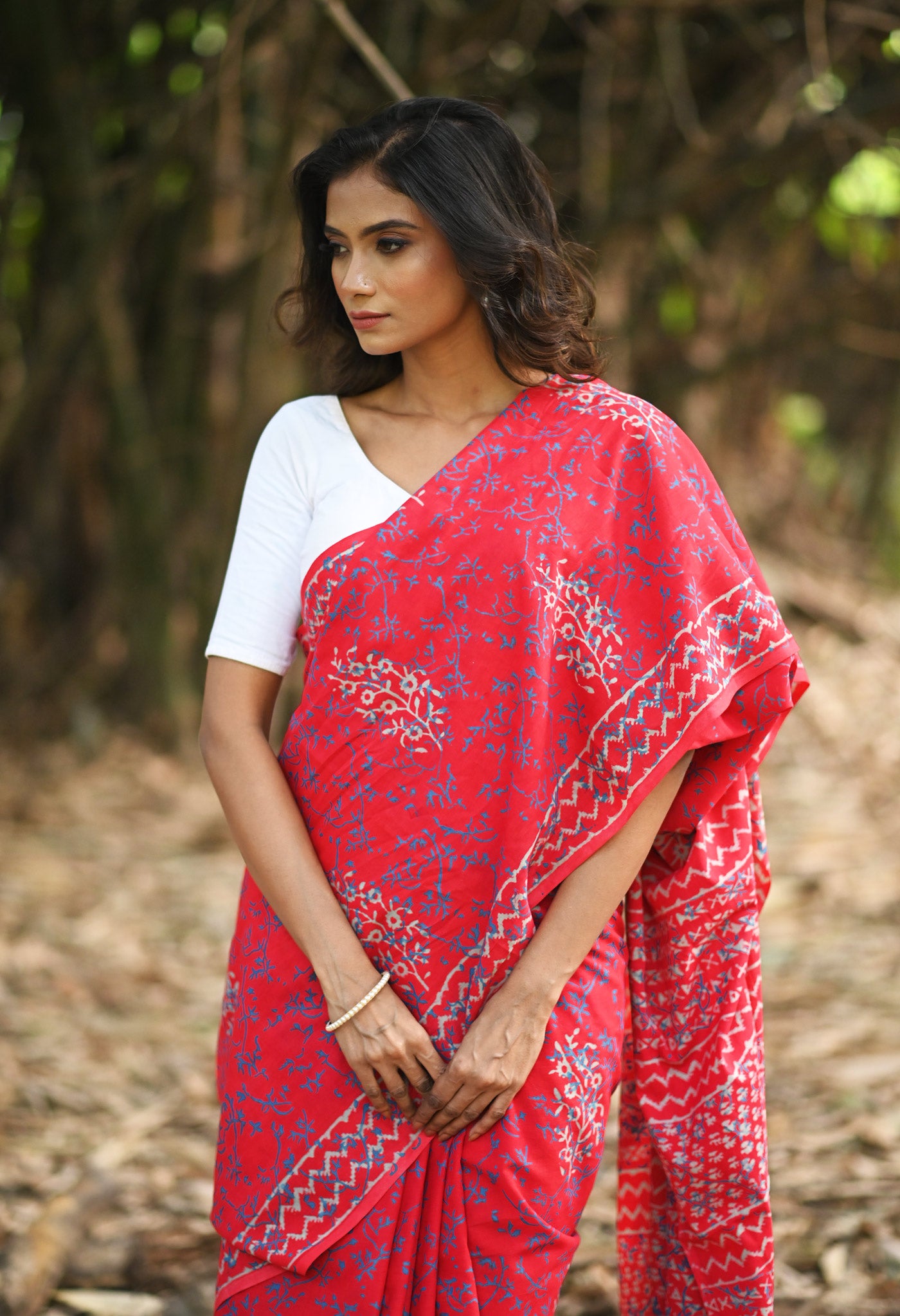 Red Pure Napthol Hand Block Pinted Soft Cotton Saree-UNM79822