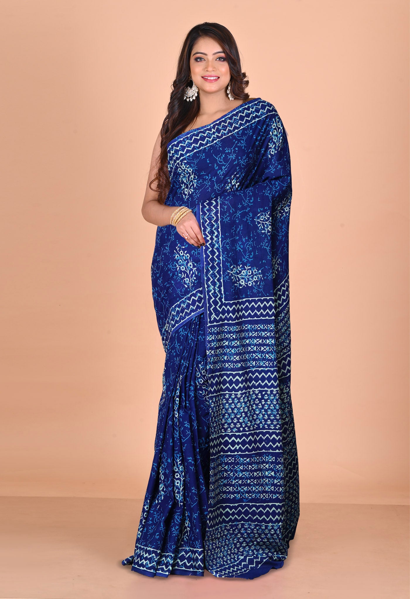 Navy Blue Pure Napthol Hand Block Pinted Soft Cotton Saree-UNM79823