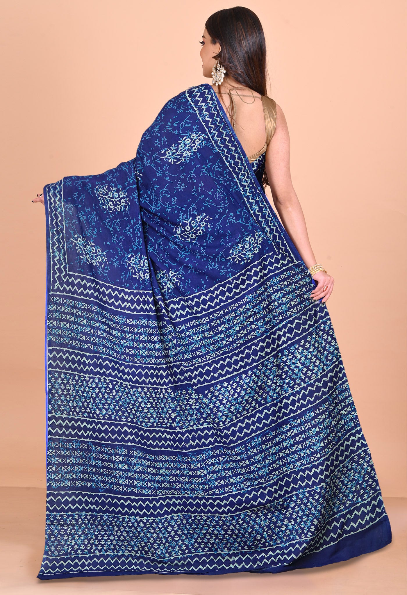 Navy Blue Pure Napthol Hand Block Pinted Soft Cotton Saree-UNM79823