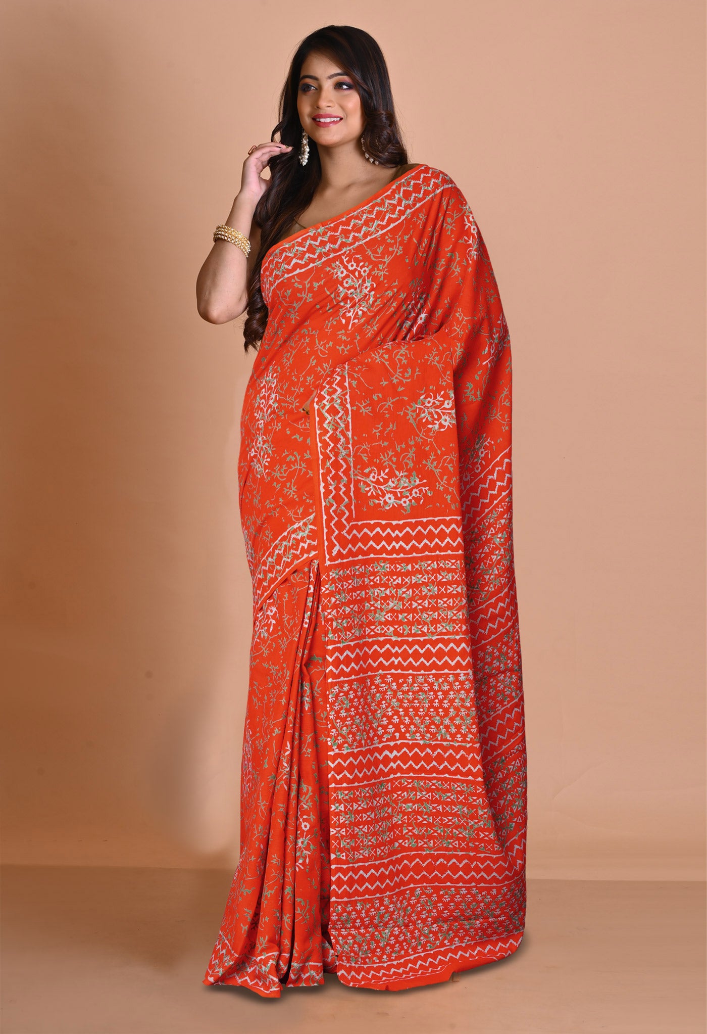 Red Pure Napthol Hand Block Pinted Soft Cotton Saree-UNM79824