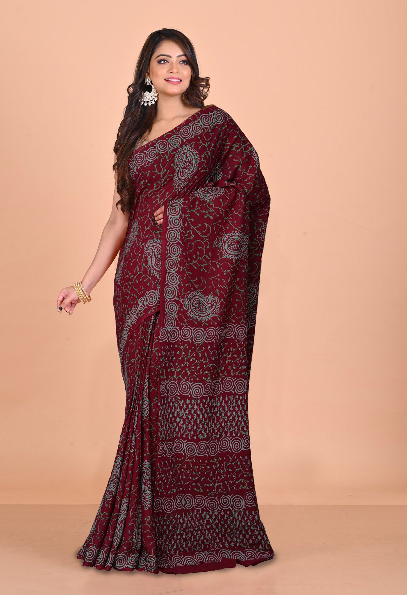 Dark Purple Pure Napthol Hand Block Pinted Soft Cotton Saree-UNM79827