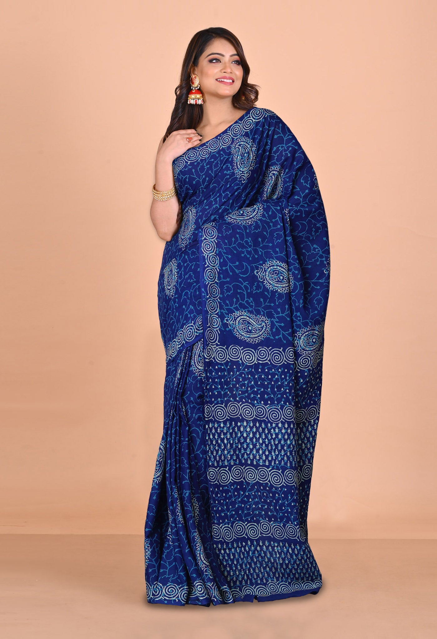 Navy Blue Pure Napthol Hand Block Pinted Soft Cotton Saree-UNM79828