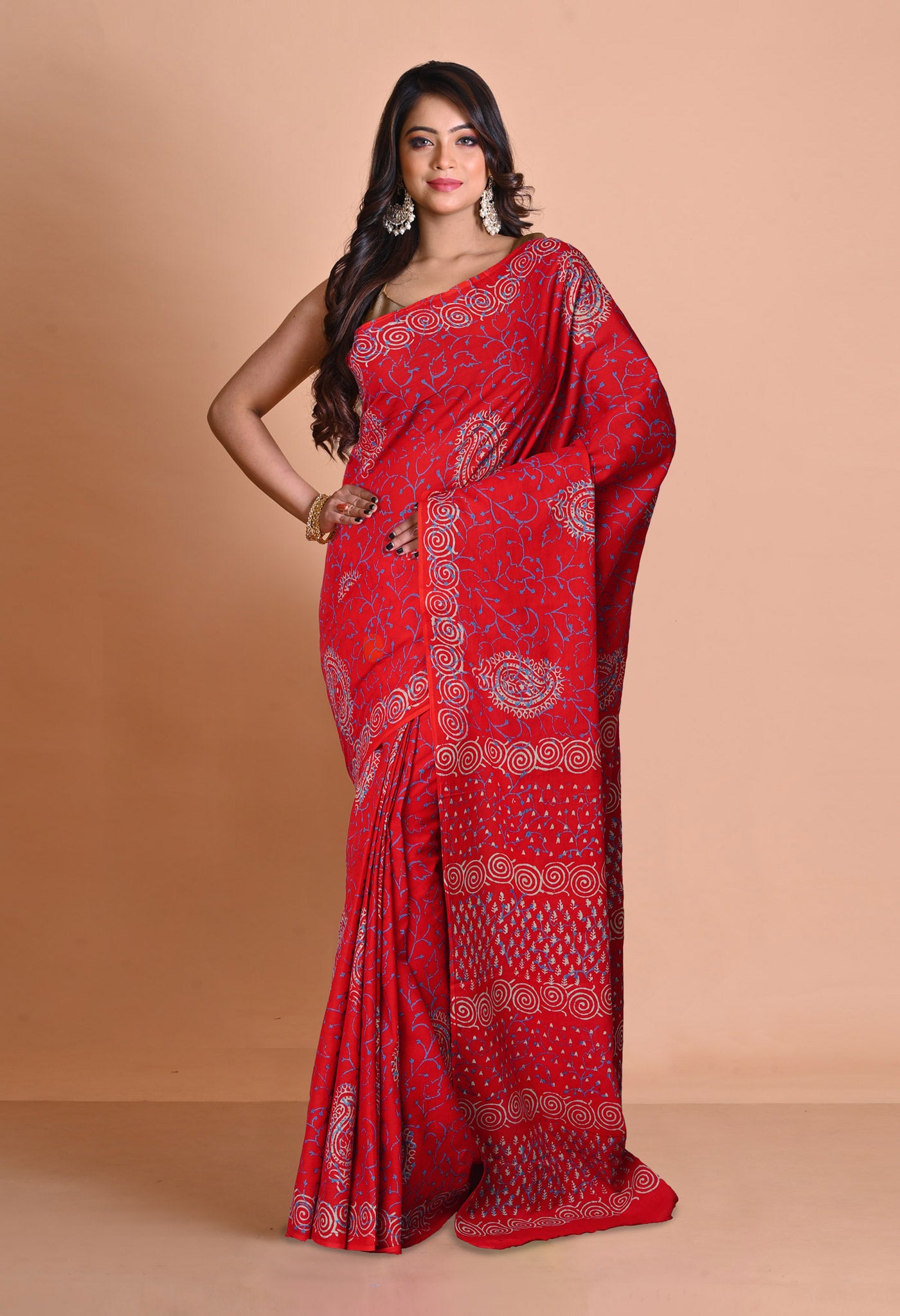 Red Pure Napthol Hand Block Pinted Soft Cotton Saree-UNM79829