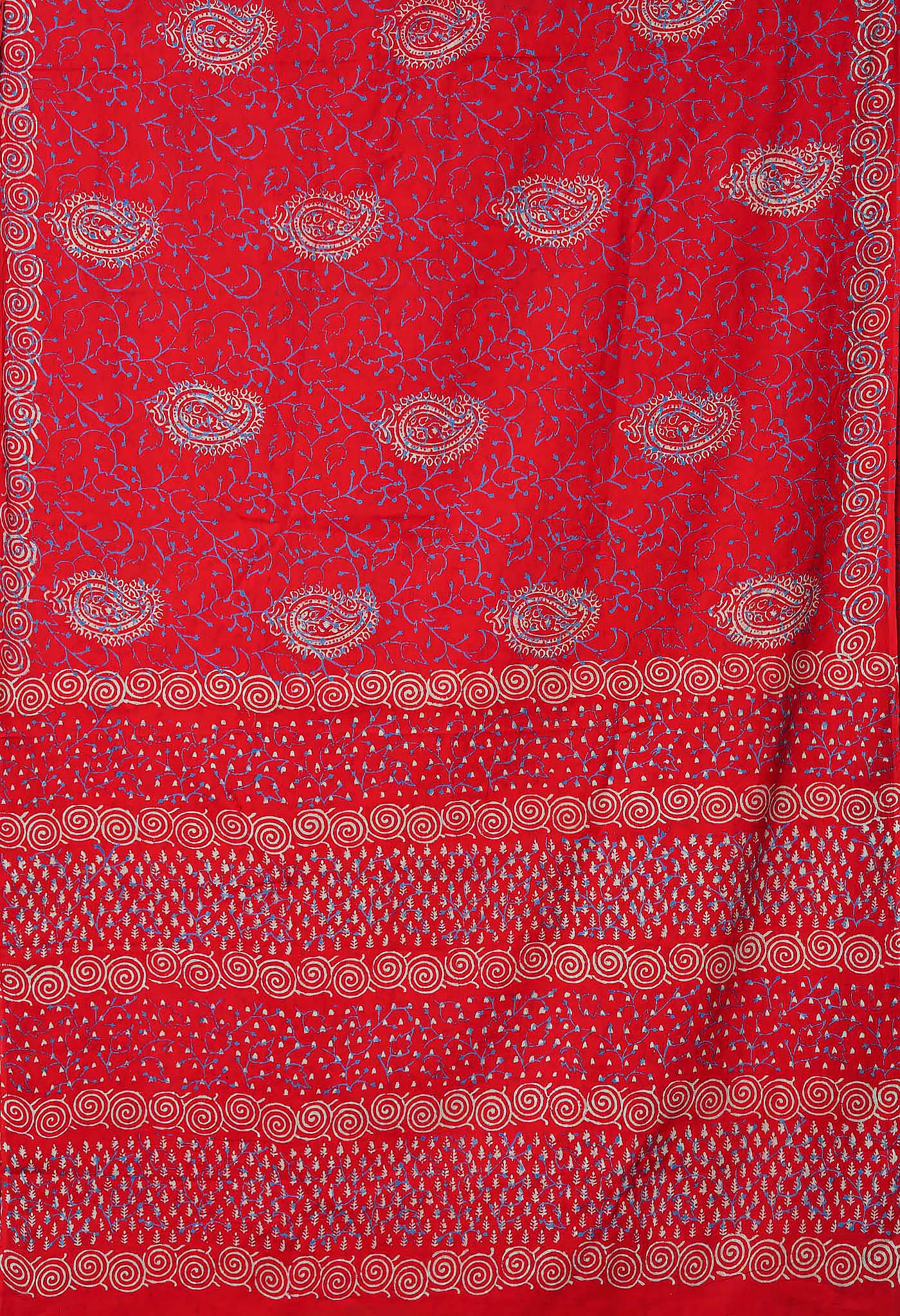 Red Pure Napthol Hand Block Pinted Soft Cotton Saree-UNM79829