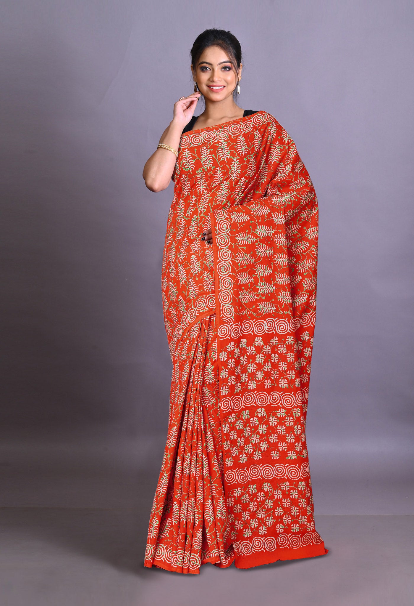 Red Pure Napthol Hand Block Pinted Soft Cotton Saree-UNM79830