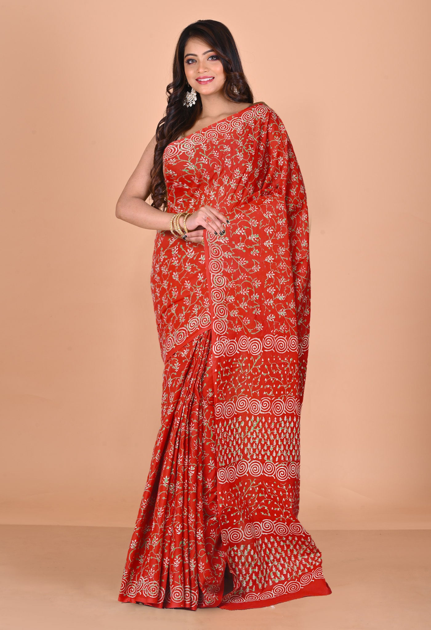 Red Pure Napthol Hand Block Pinted Soft Cotton Saree-UNM79832