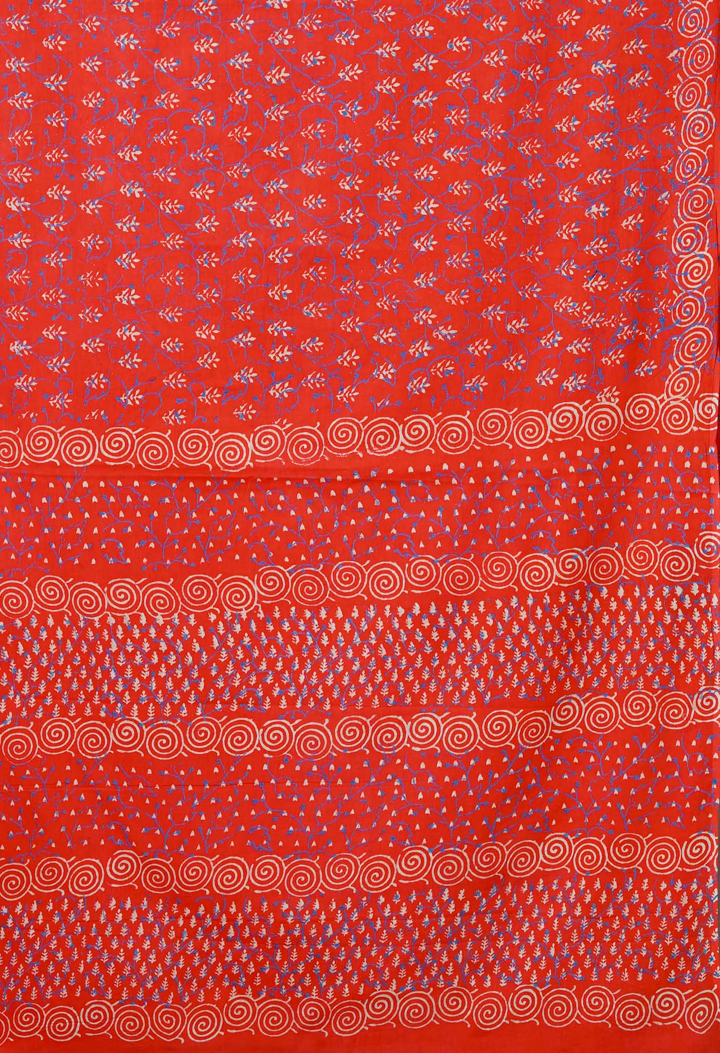 Red Pure Napthol Hand Block Pinted Soft Cotton Saree-UNM79833