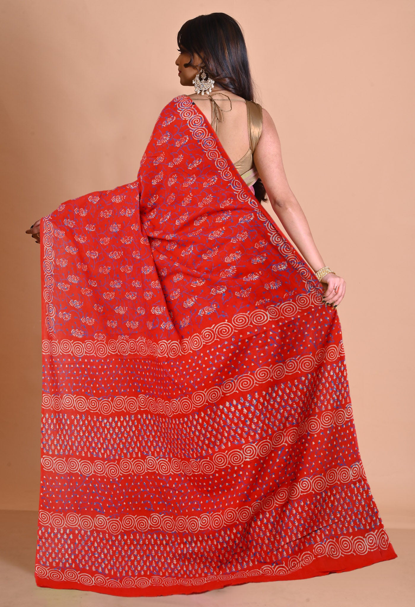 Red Pure Napthol Hand Block Pinted Soft Cotton Saree-UNM79835