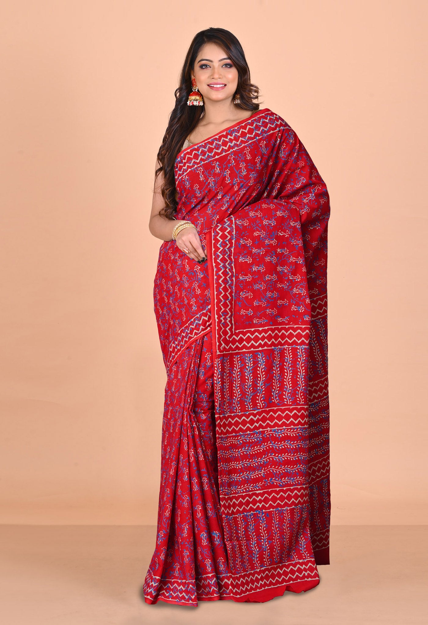 Red Pure Napthol Hand Block Pinted Soft Cotton Saree-UNM79837