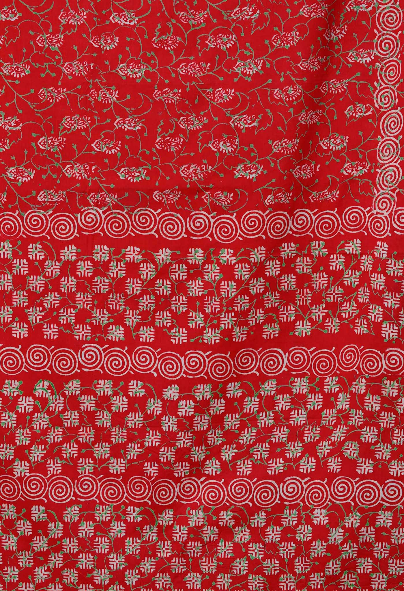 Red Pure Napthol Hand Block Pinted Soft Cotton Saree-UNM79839