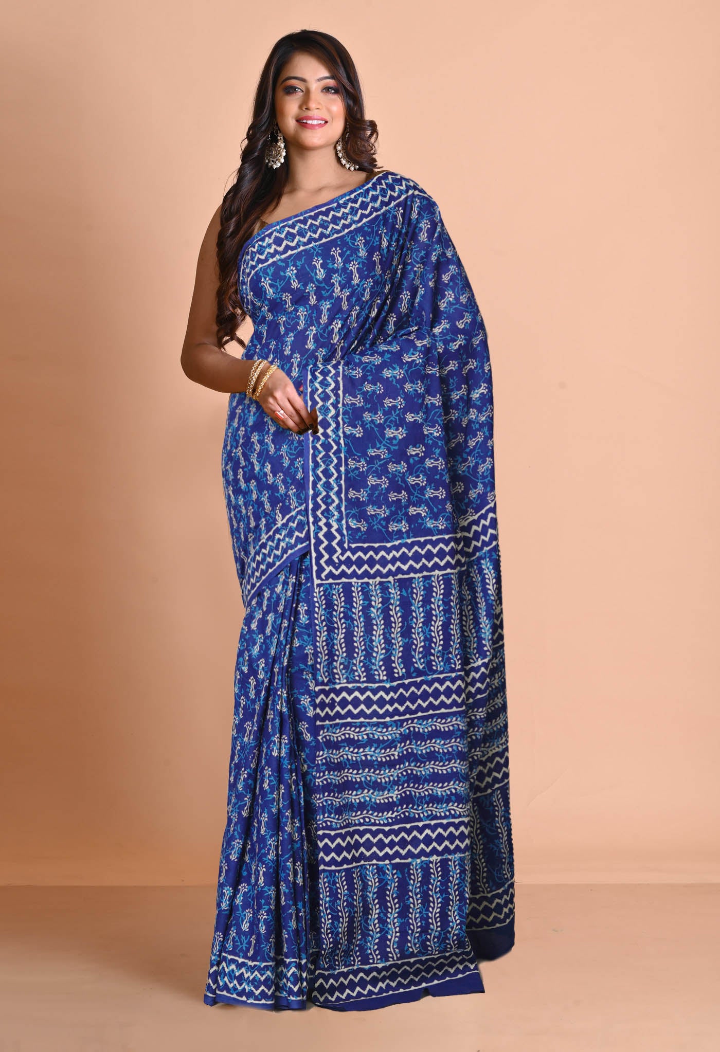 Navy Blue Pure Napthol Hand Block Pinted Soft Cotton Saree-UNM79840