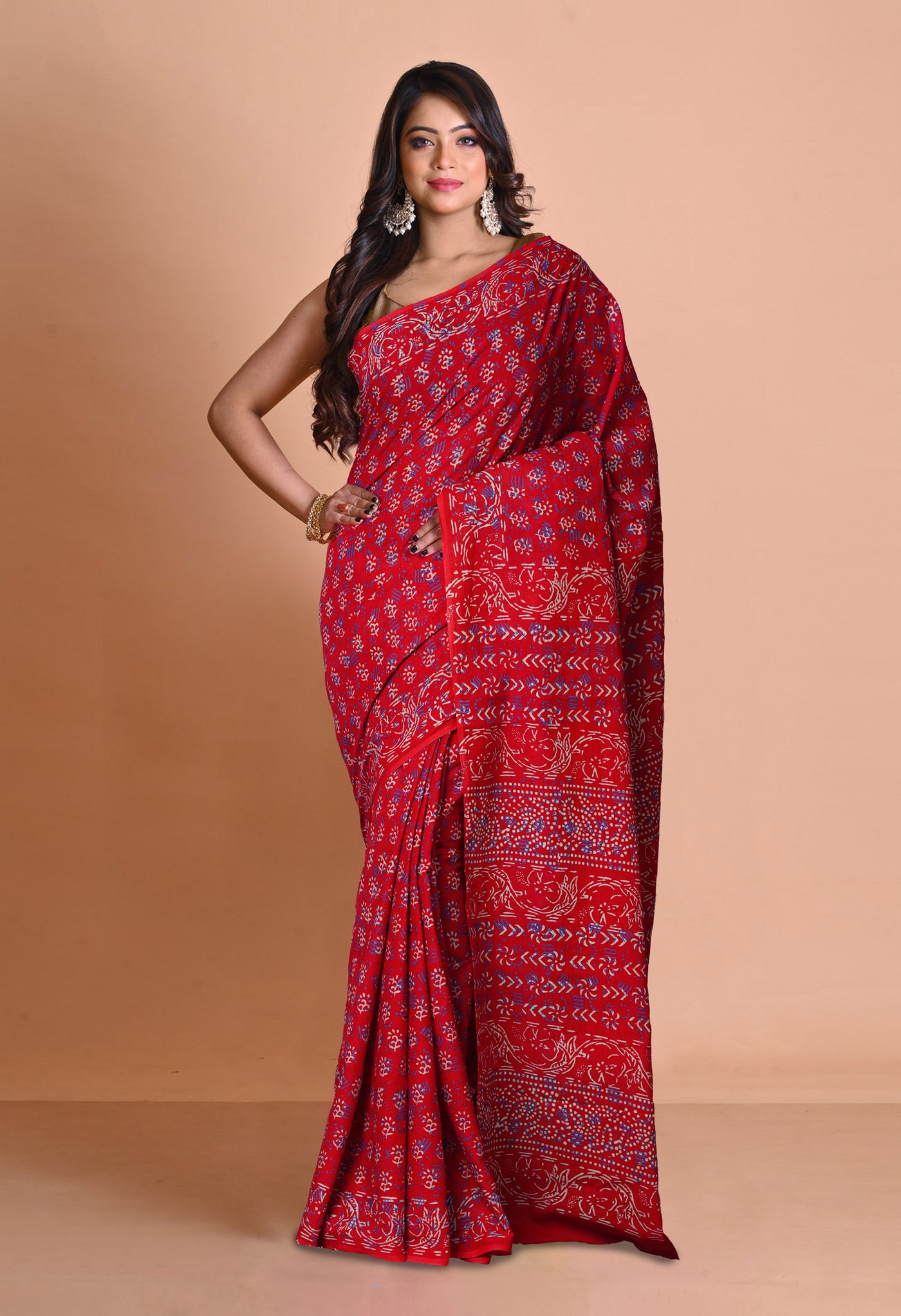 Red Pure Napthol Hand Block Pinted Soft Cotton Saree-UNM79841