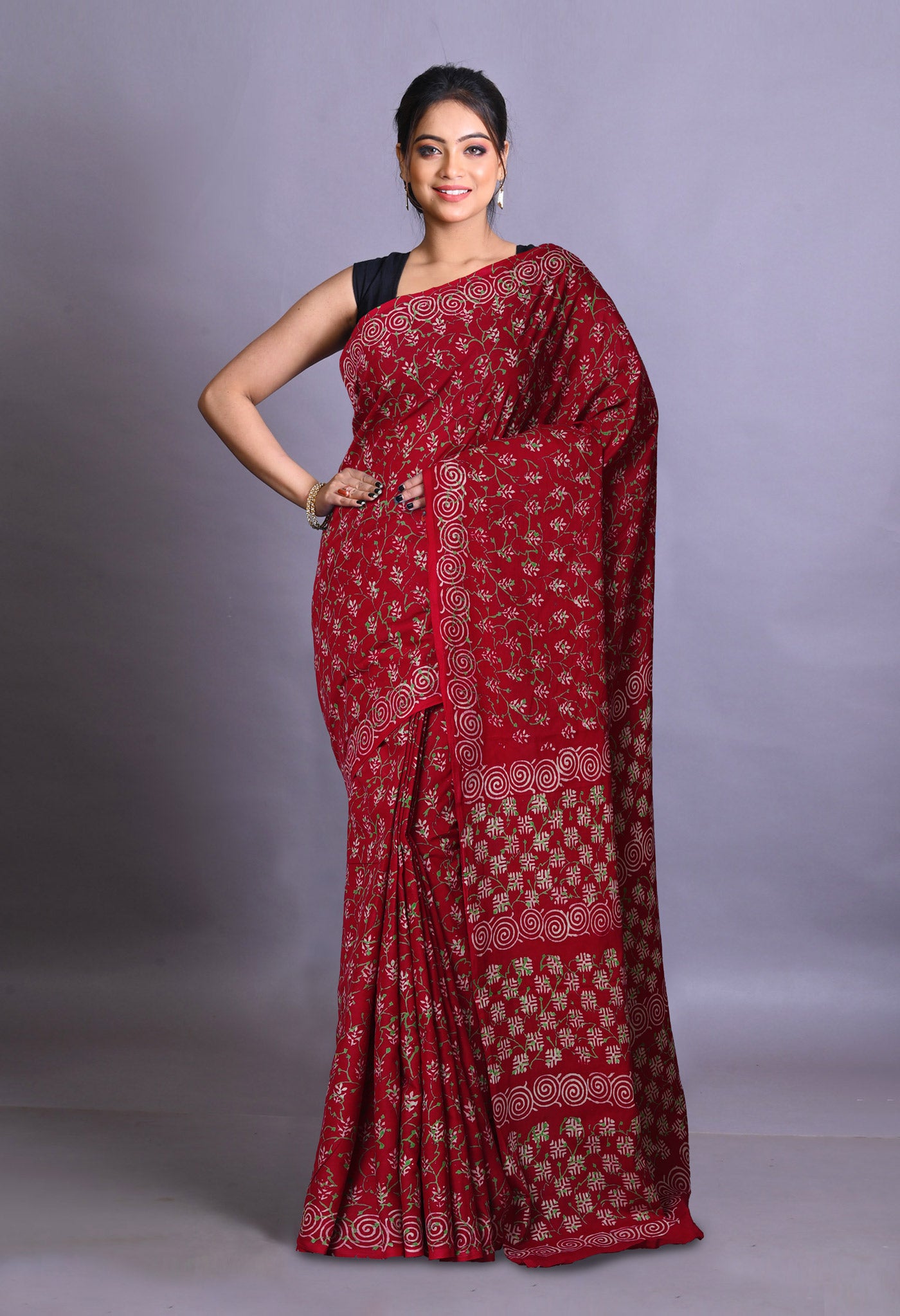 Red Pure Napthol Hand Block Pinted Soft Cotton Saree-UNM79845