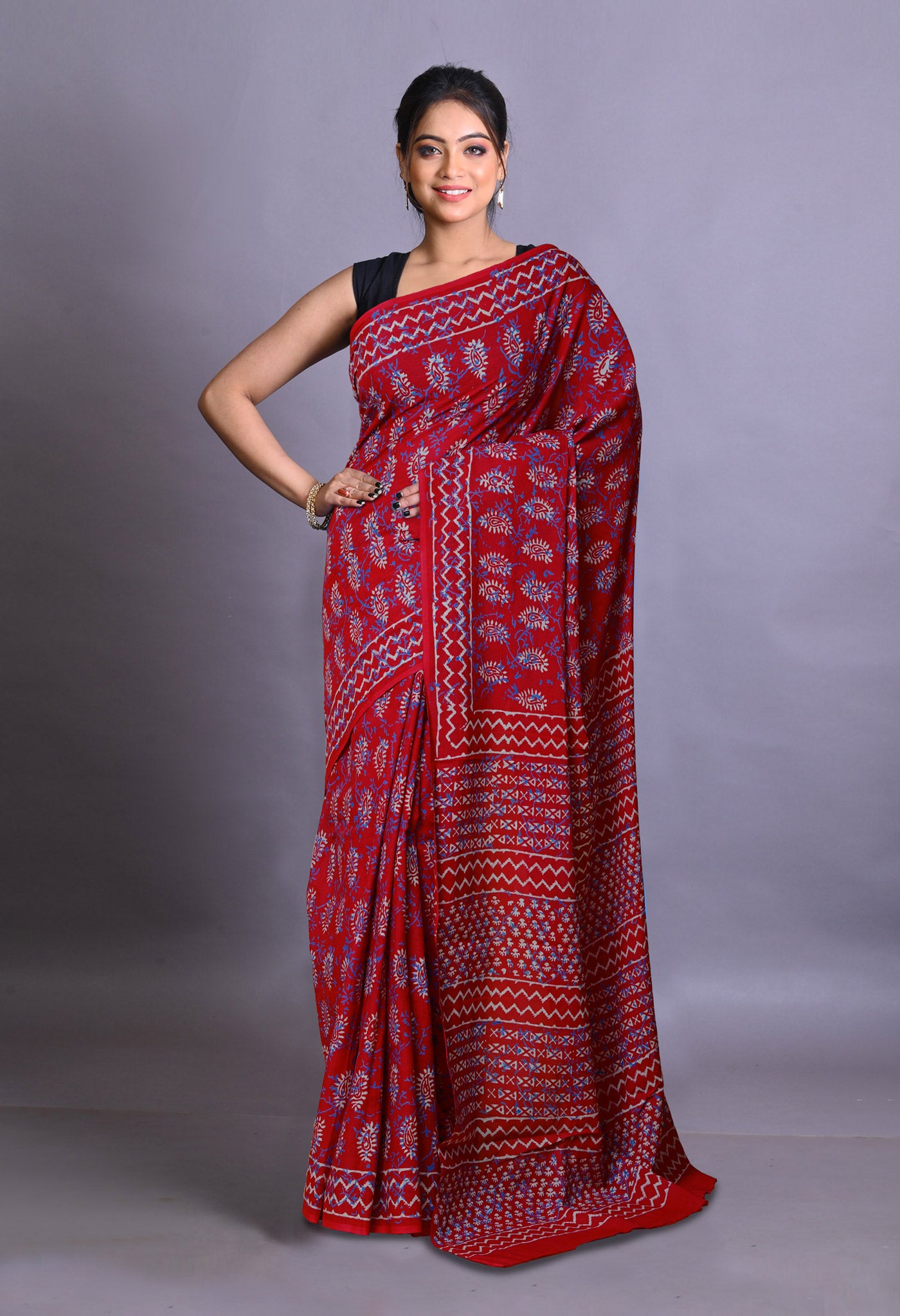 Red Pure Napthol Hand Block Pinted Soft Cotton Saree-UNM79846