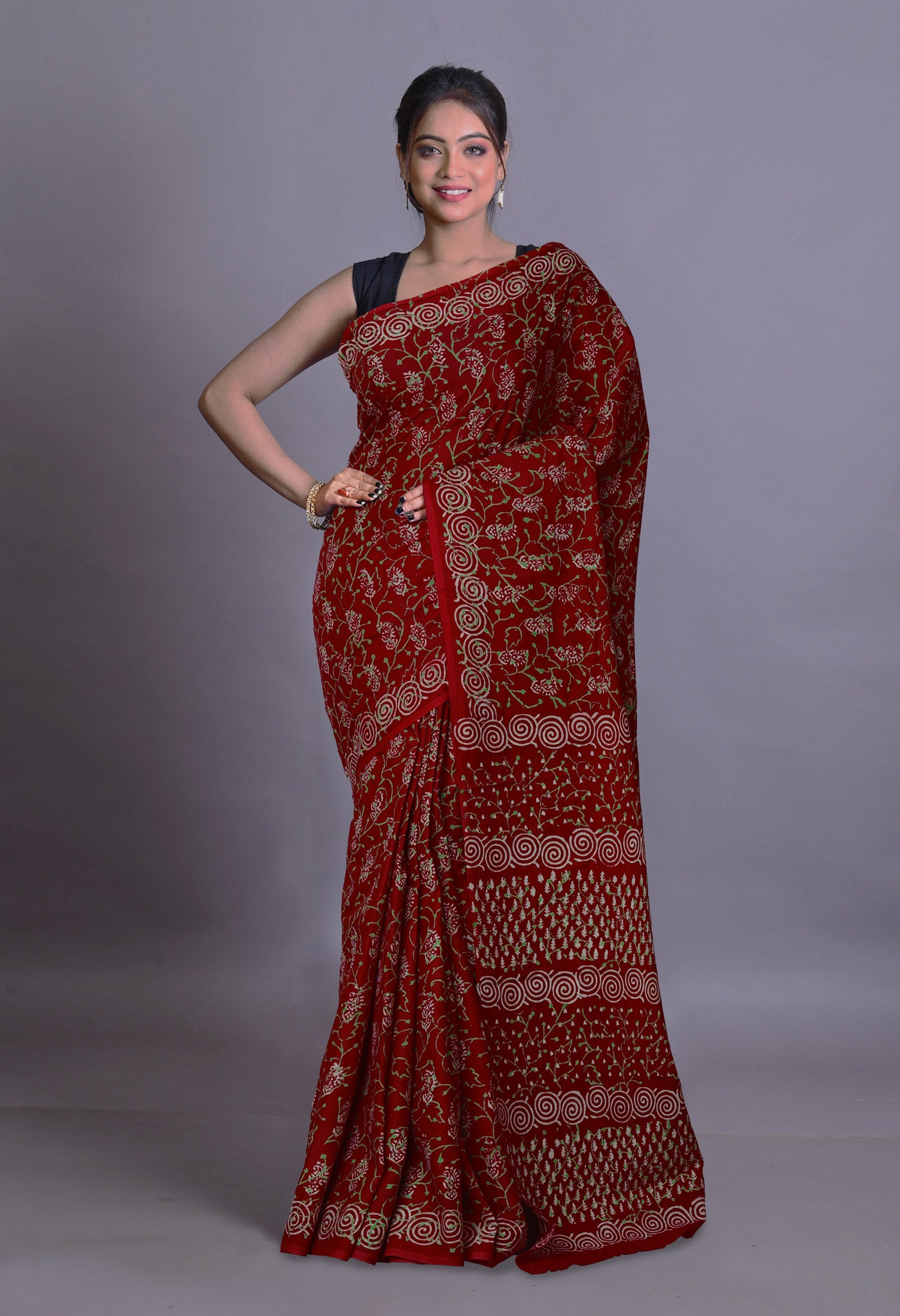 Red Pure Napthol Hand Block Pinted Soft Cotton Saree-UNM79847