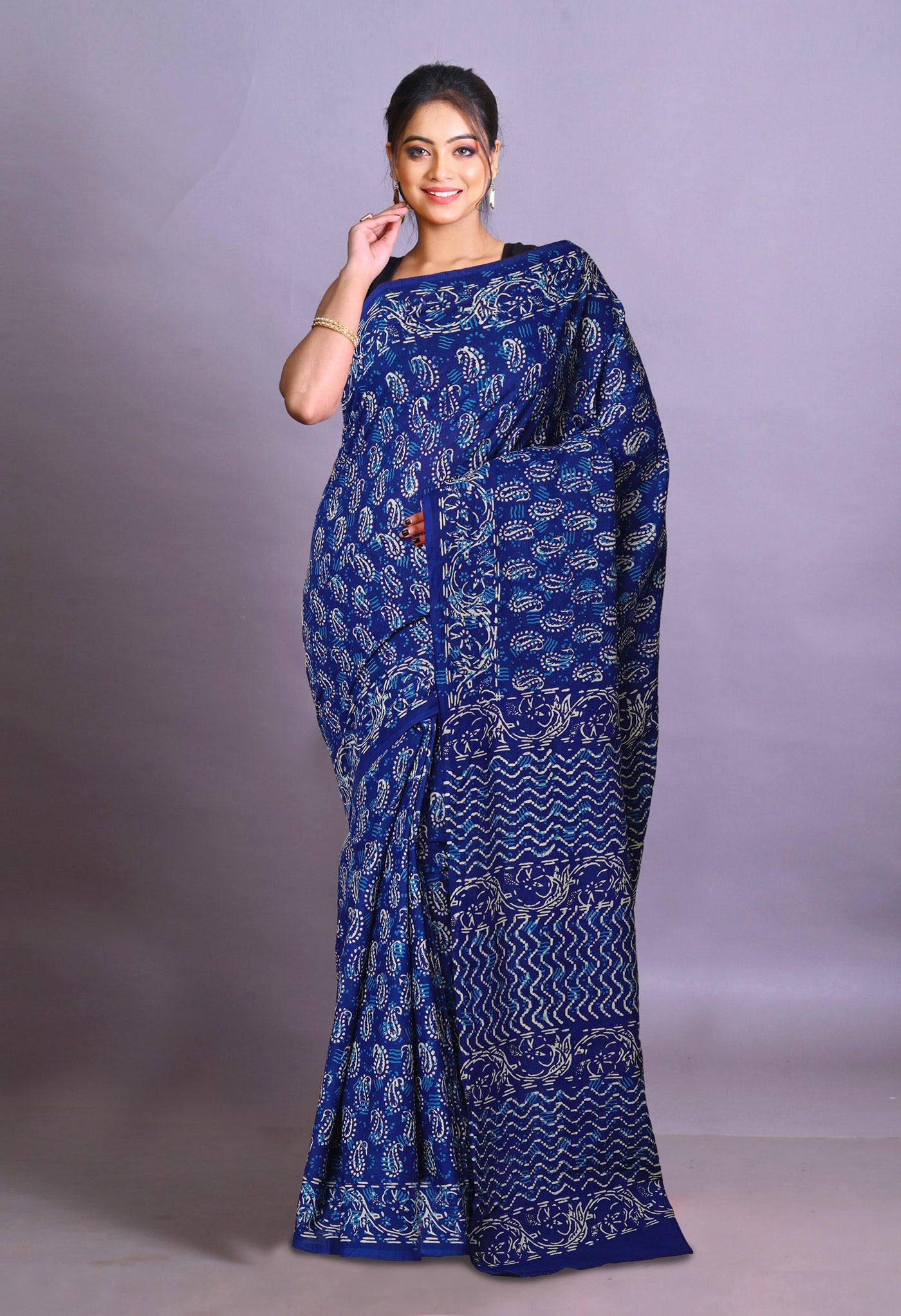 Navy Blue Pure Napthol Hand Block Pinted Soft Cotton Saree-UNM79848