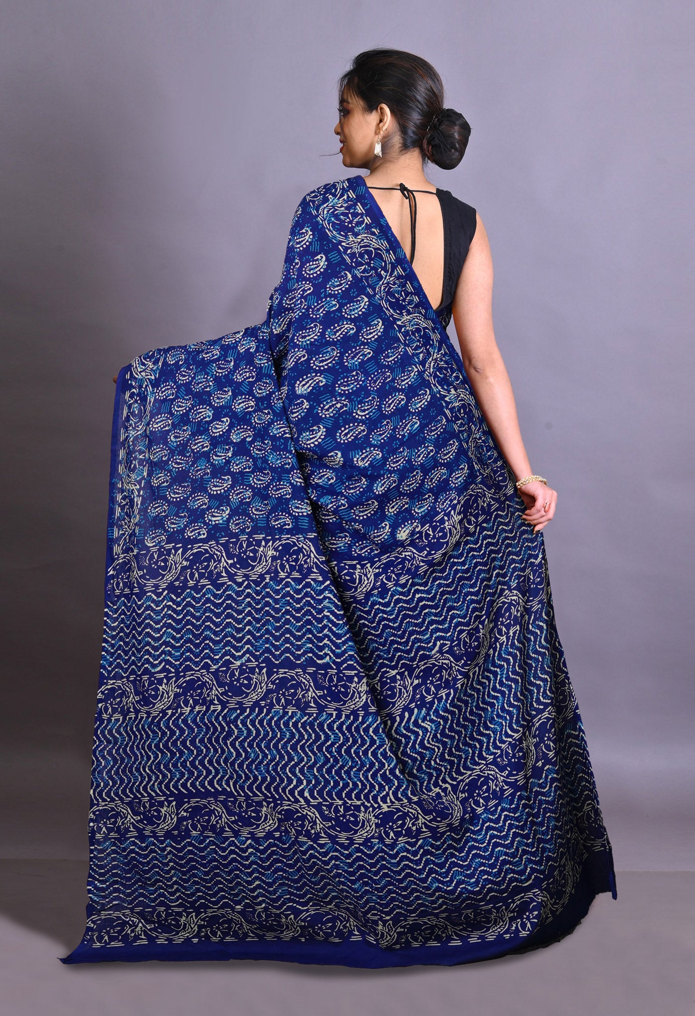 Navy Blue Pure Napthol Hand Block Pinted Soft Cotton Saree-UNM79848