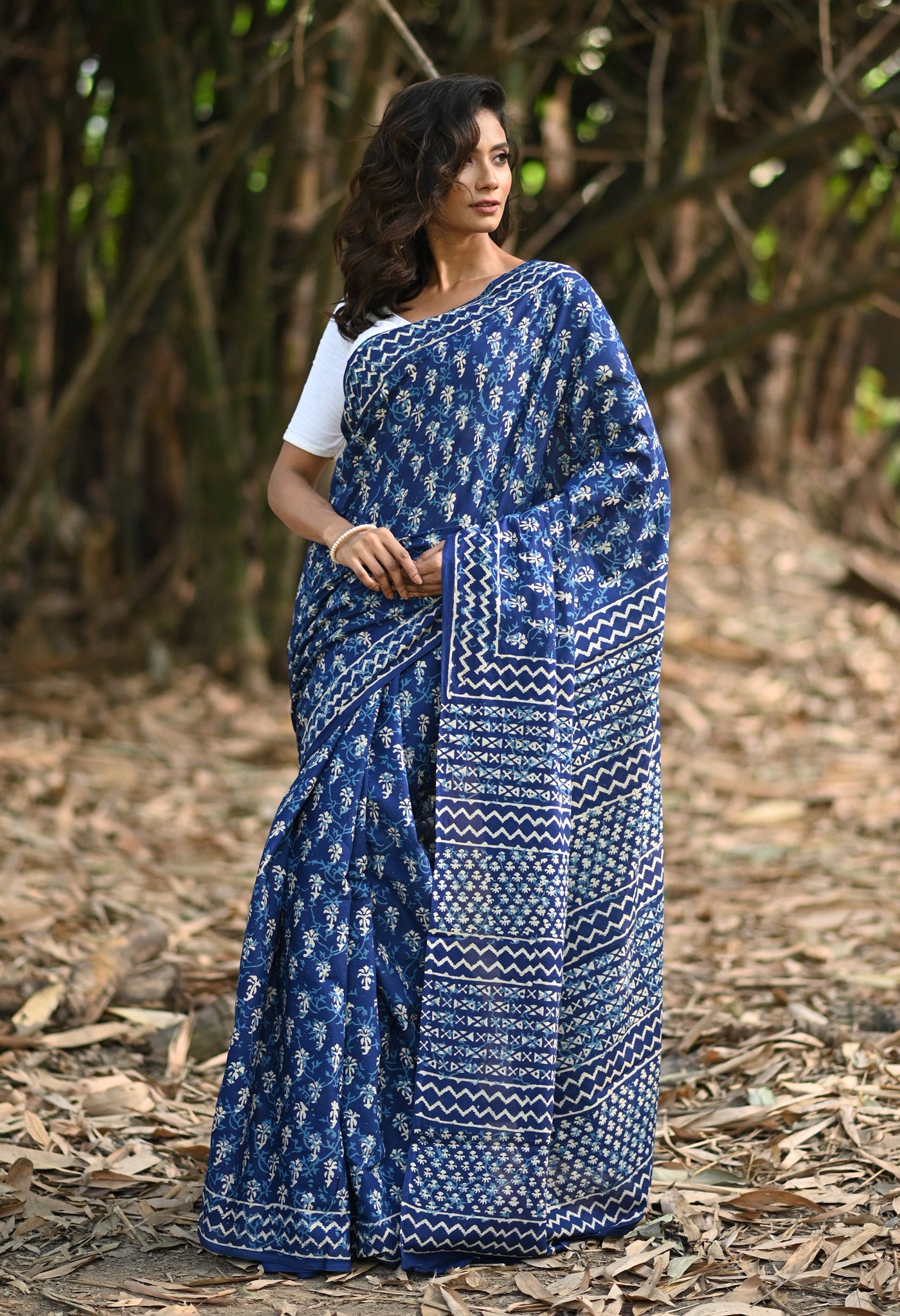 Navy Blue Pure Napthol Hand Block Pinted Soft Cotton Saree-UNM79850