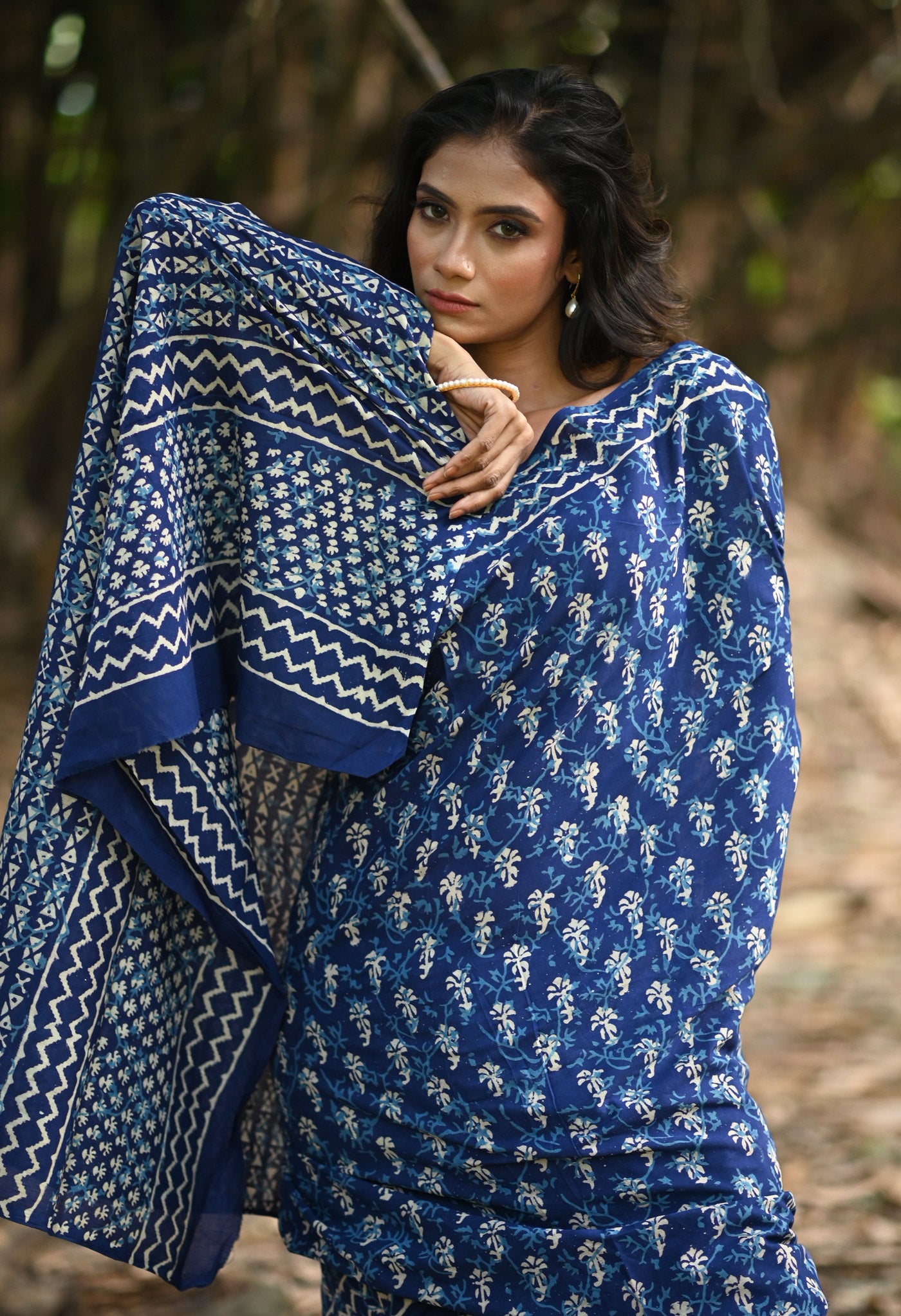 Navy Blue Pure Napthol Hand Block Pinted Soft Cotton Saree-UNM79850