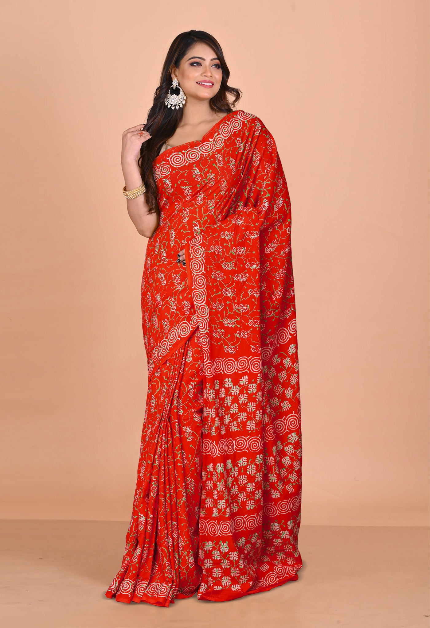 Red Pure Napthol Hand Block Pinted Soft Cotton Saree-UNM79851