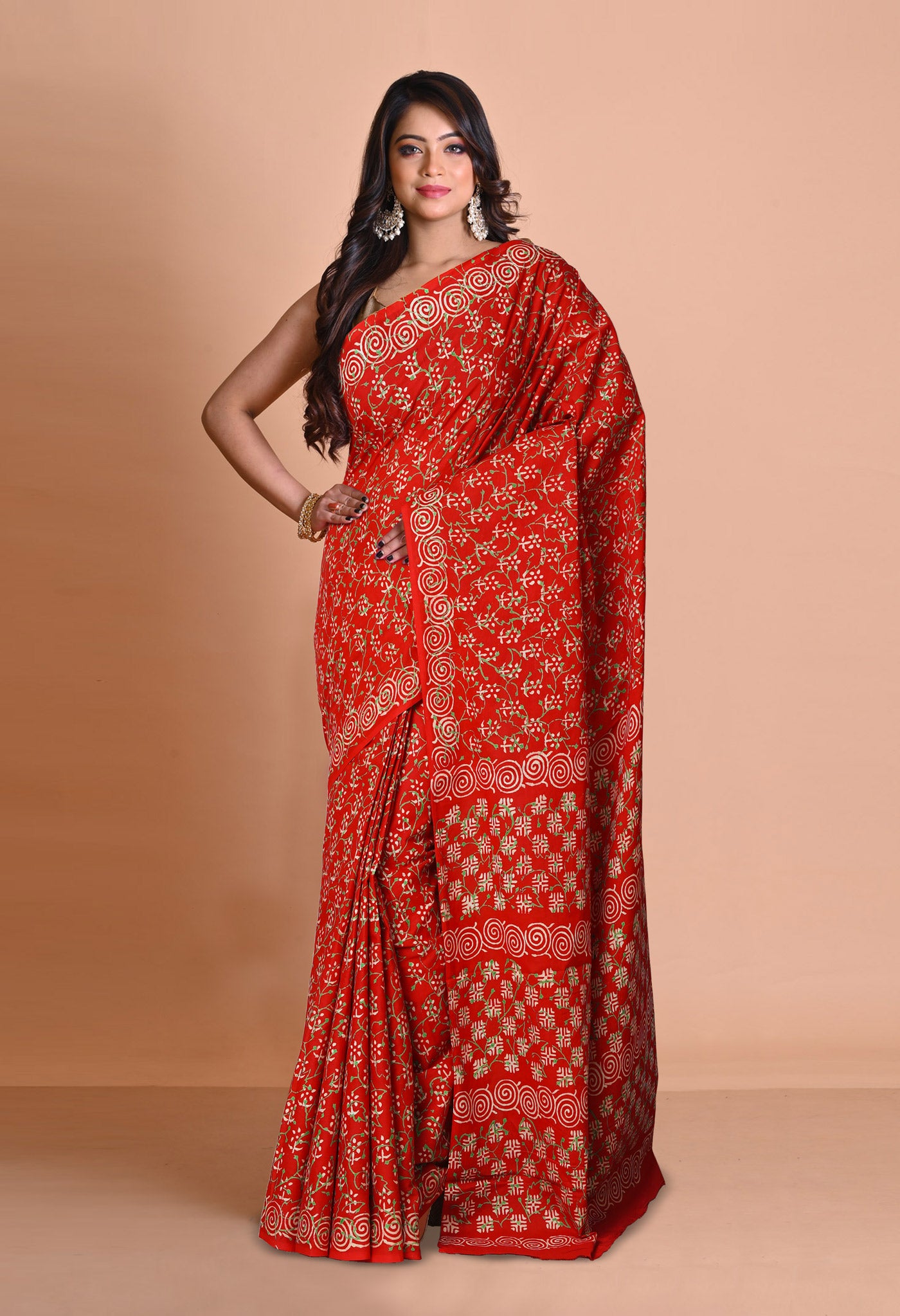 Red Pure Napthol Hand Block Pinted Soft Cotton Saree-UNM79852