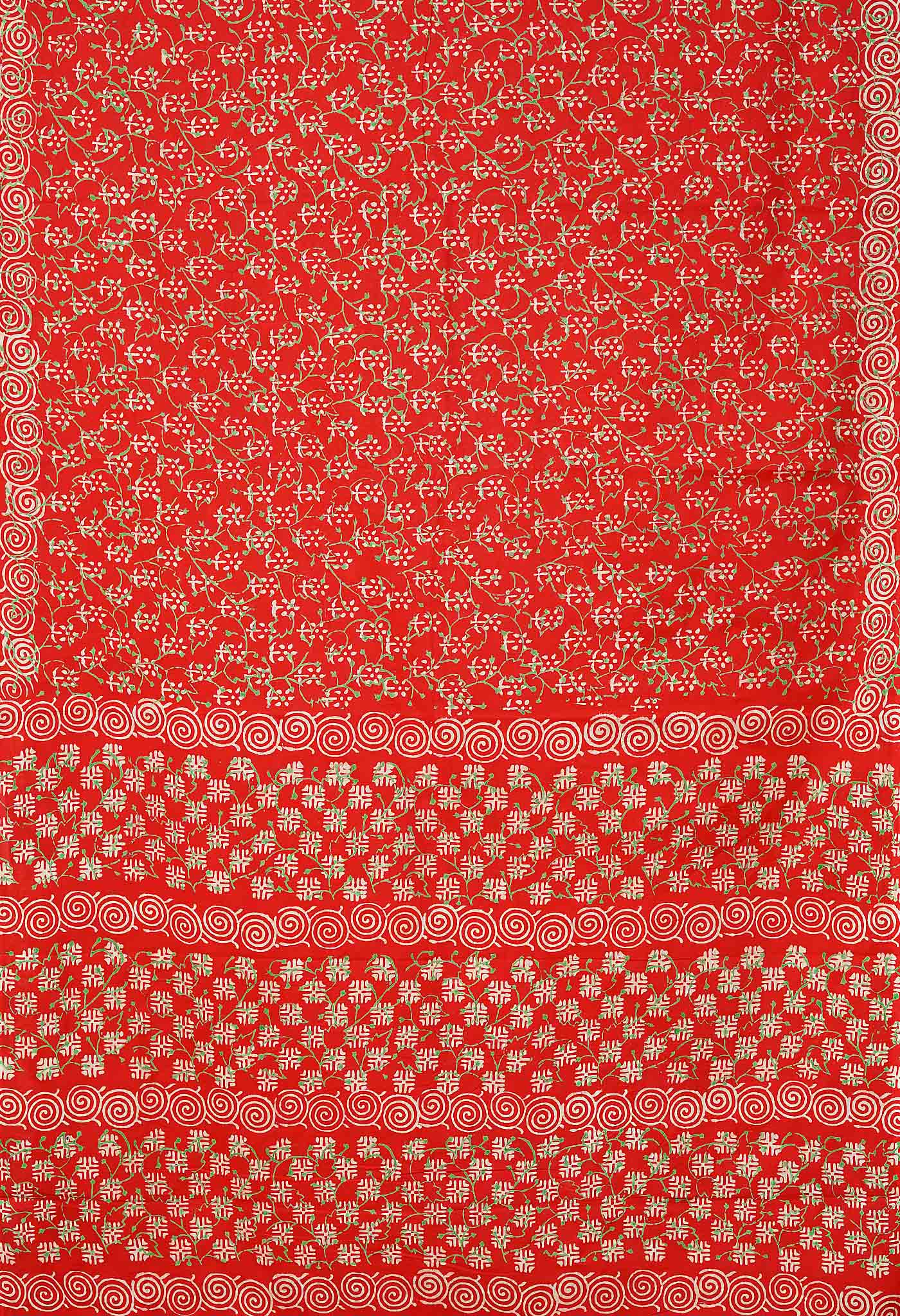 Red Pure Napthol Hand Block Pinted Soft Cotton Saree-UNM79852