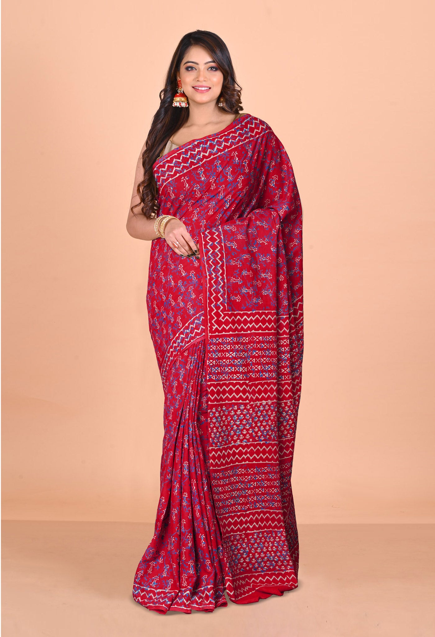 Red Pure Napthol Hand Block Pinted Soft Cotton Saree-UNM79853