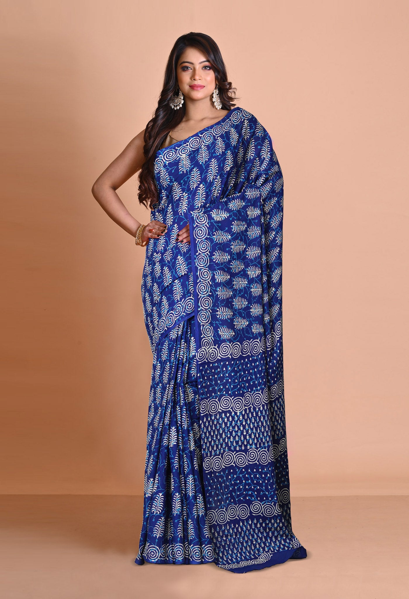 Navy Blue Pure Napthol Hand Block Pinted Soft Cotton Saree-UNM79854