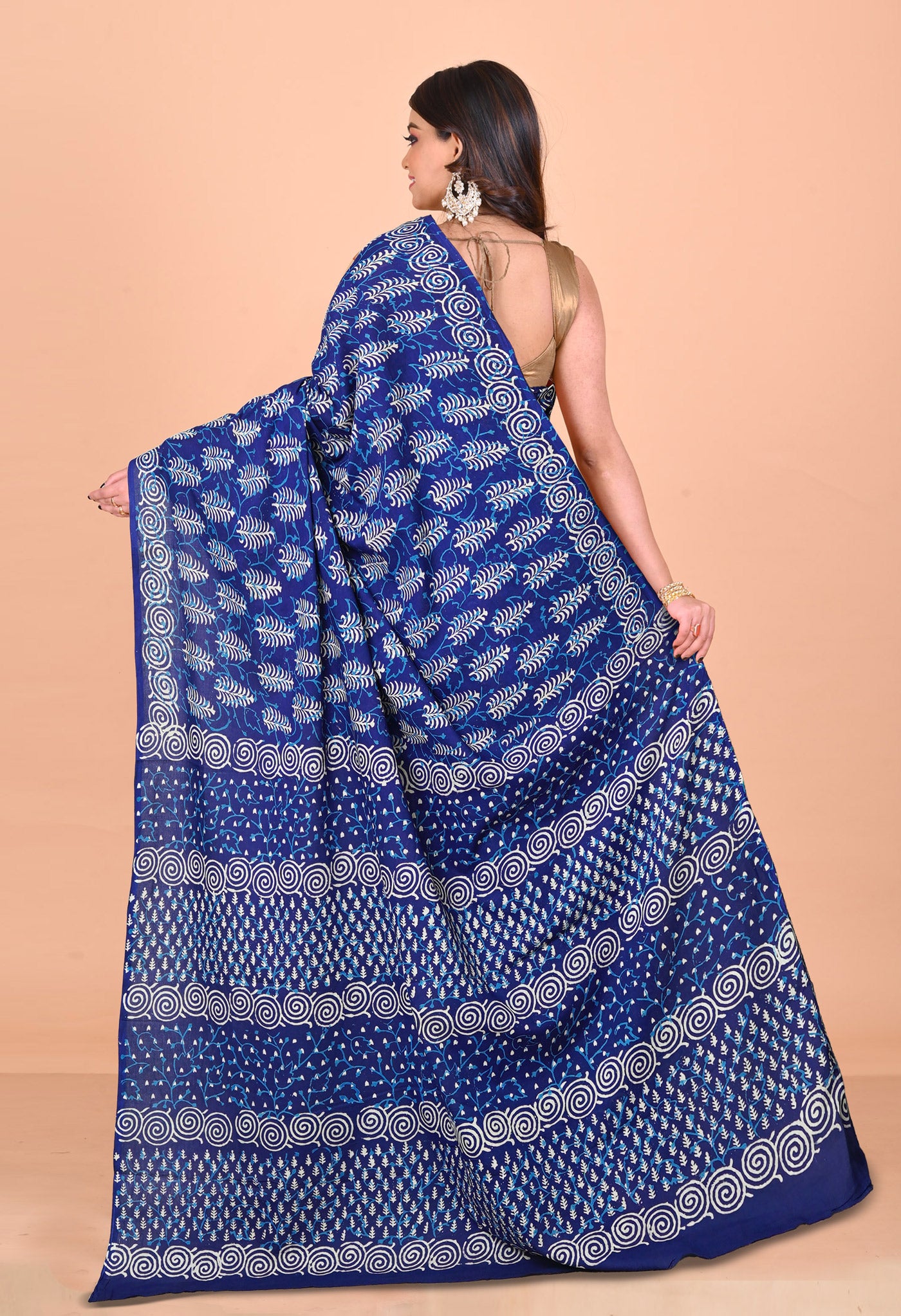 Navy Blue Pure Napthol Hand Block Pinted Soft Cotton Saree-UNM79854