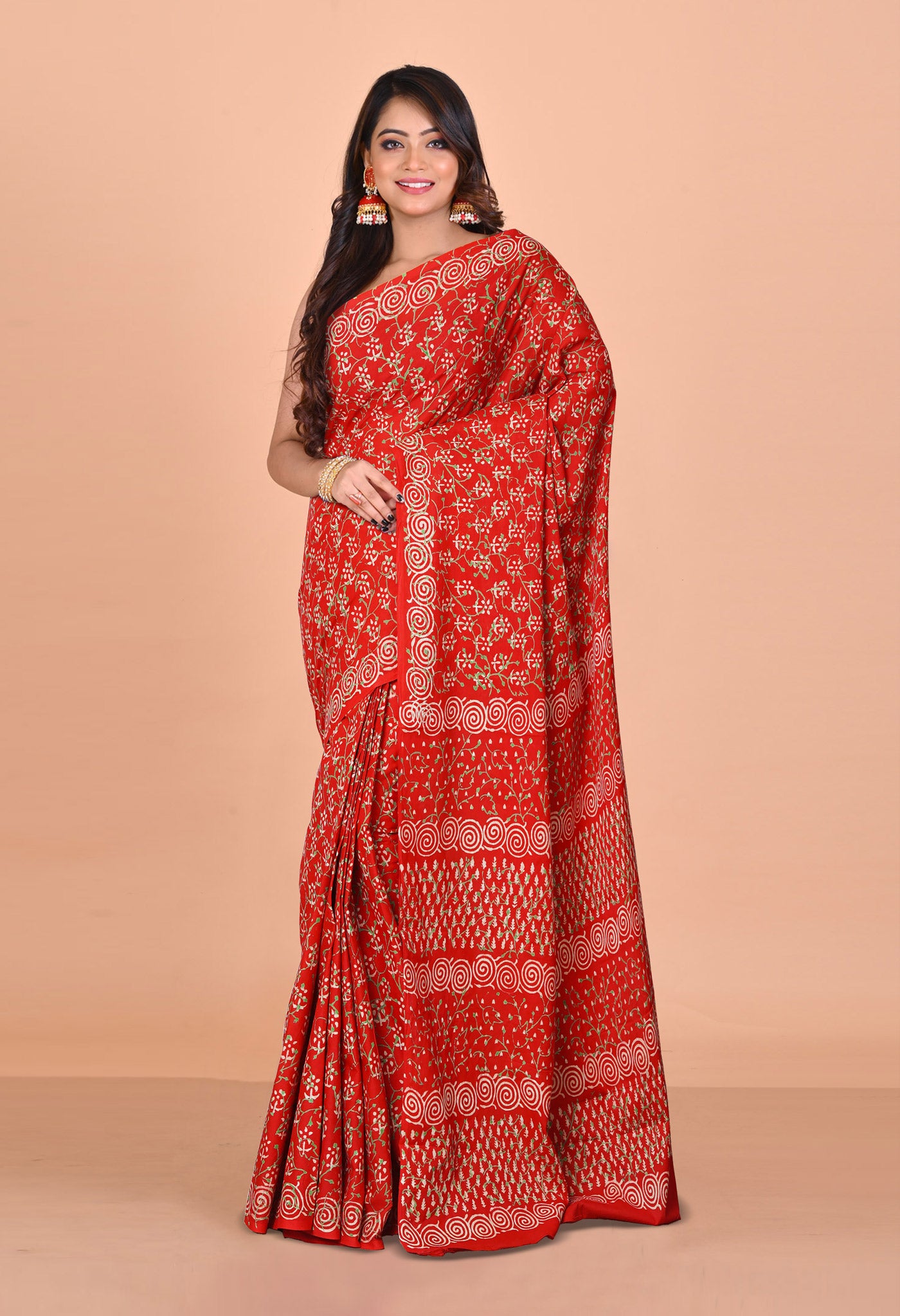 Red Pure Napthol Hand Block Pinted Soft Cotton Saree-UNM79855