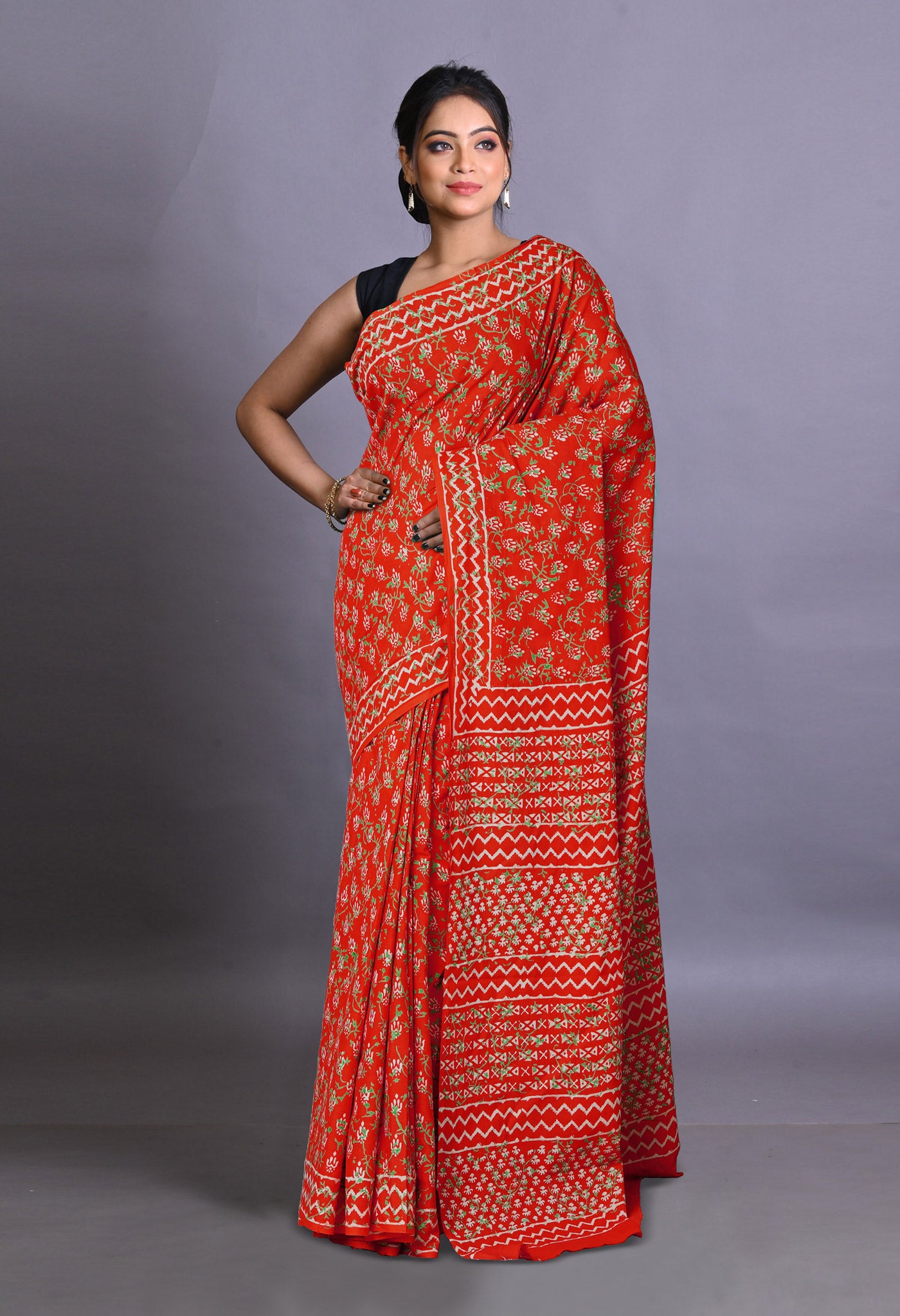 Red Pure Napthol Hand Block Pinted Soft Cotton Saree-UNM79856