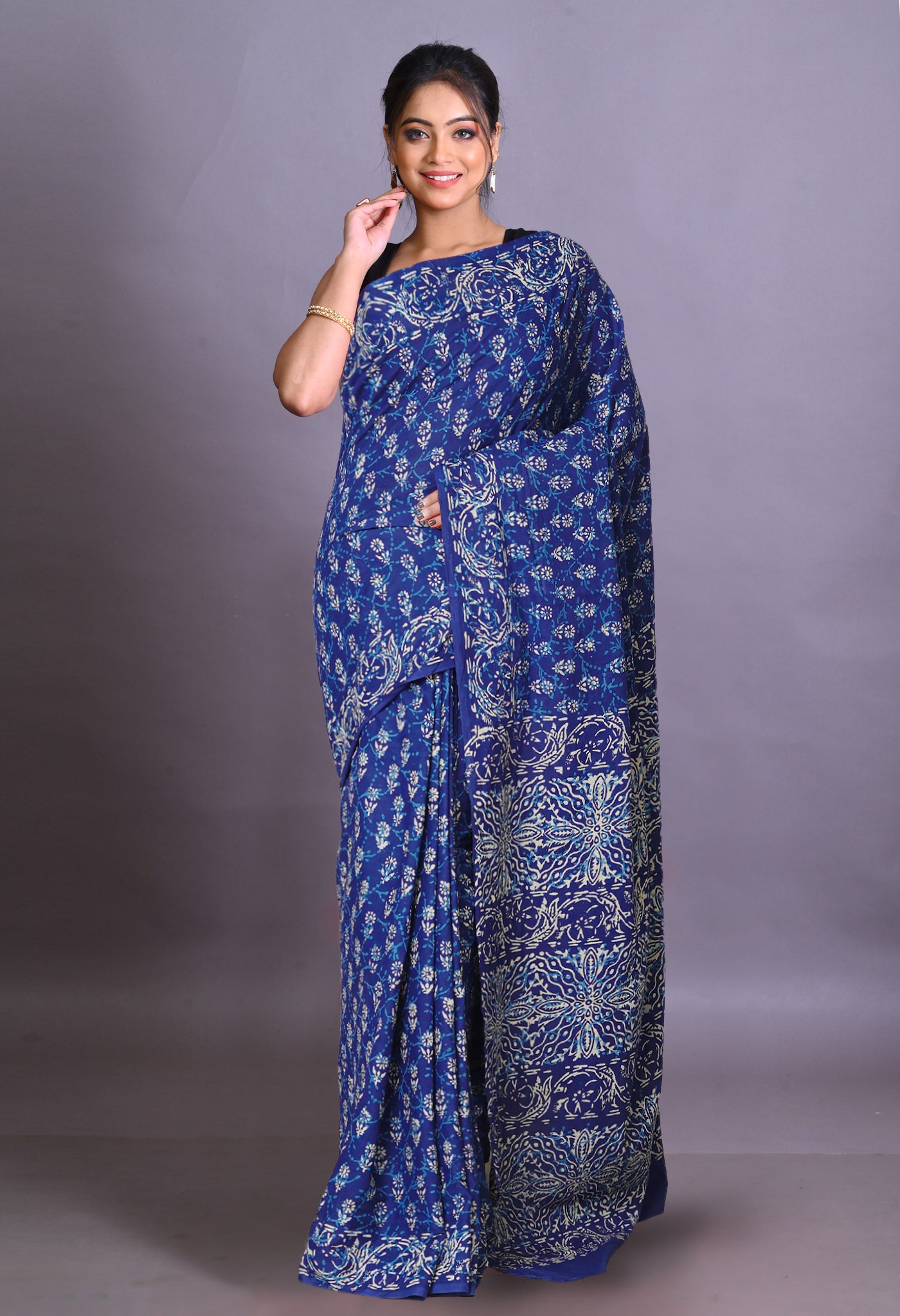 Navy Blue Pure Napthol Hand Block Pinted Soft Cotton Saree-UNM79857