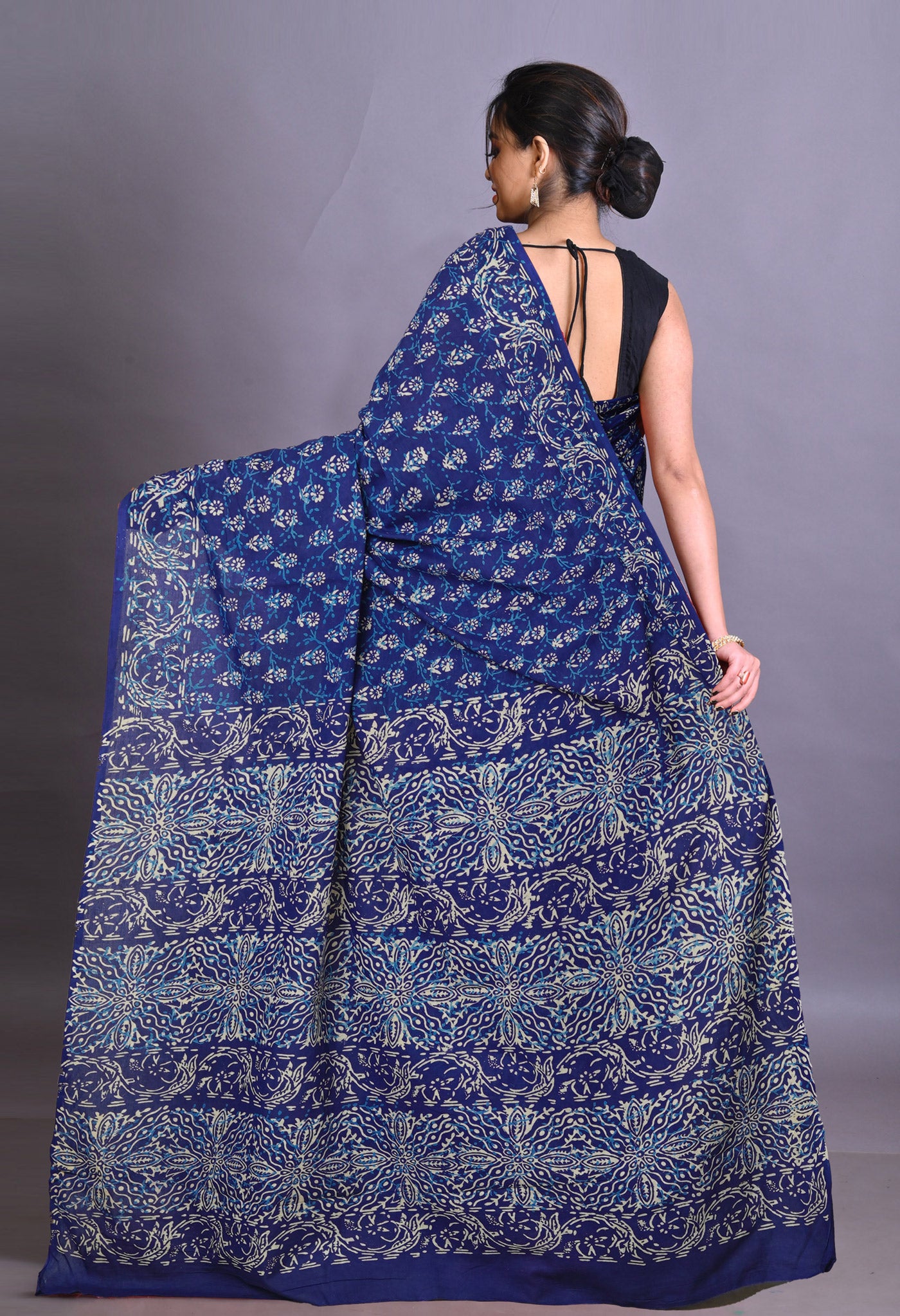 Navy Blue Pure Napthol Hand Block Pinted Soft Cotton Saree-UNM79857