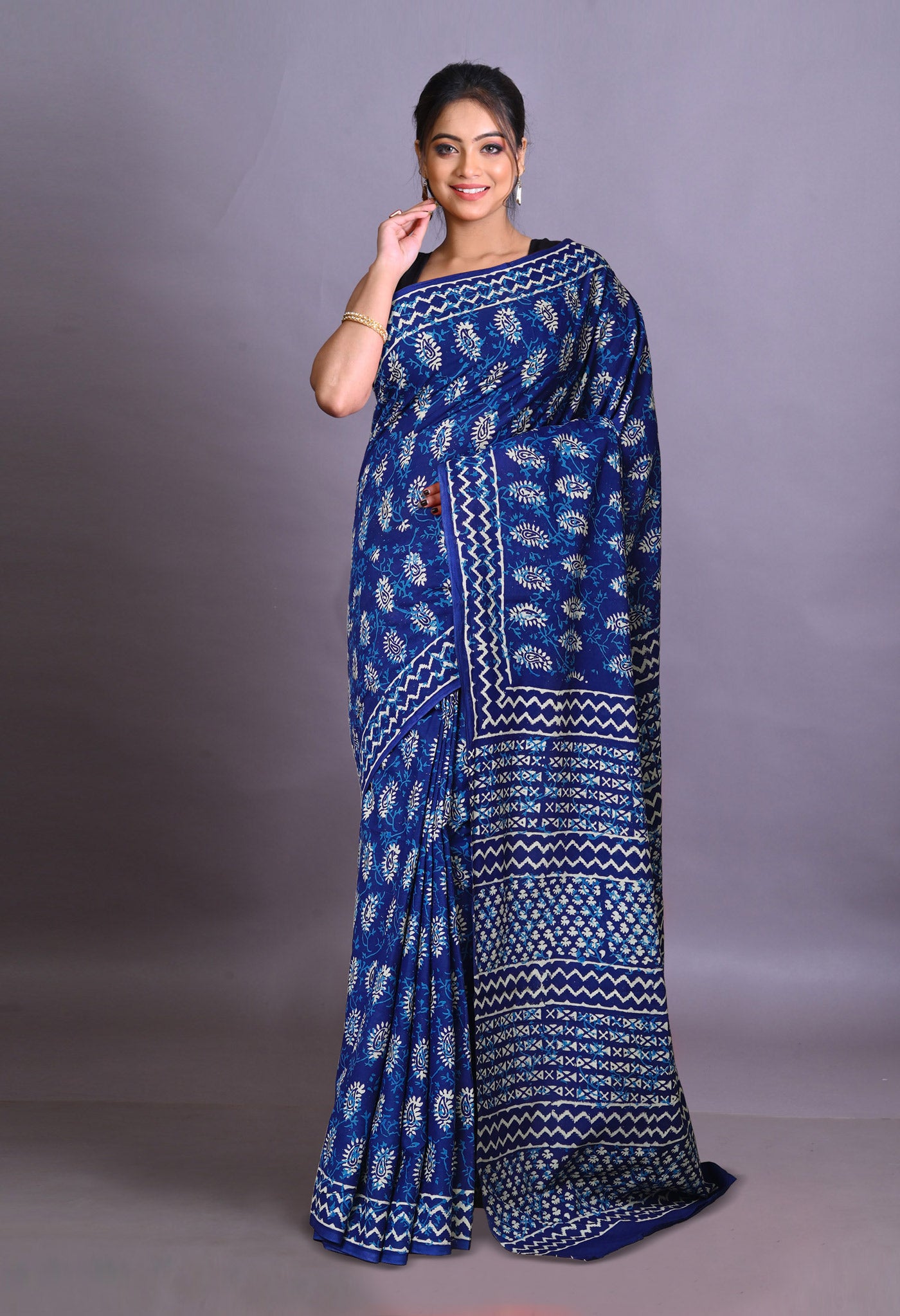 Navy Blue Pure Napthol Hand Block Pinted Soft Cotton Saree-UNM79859