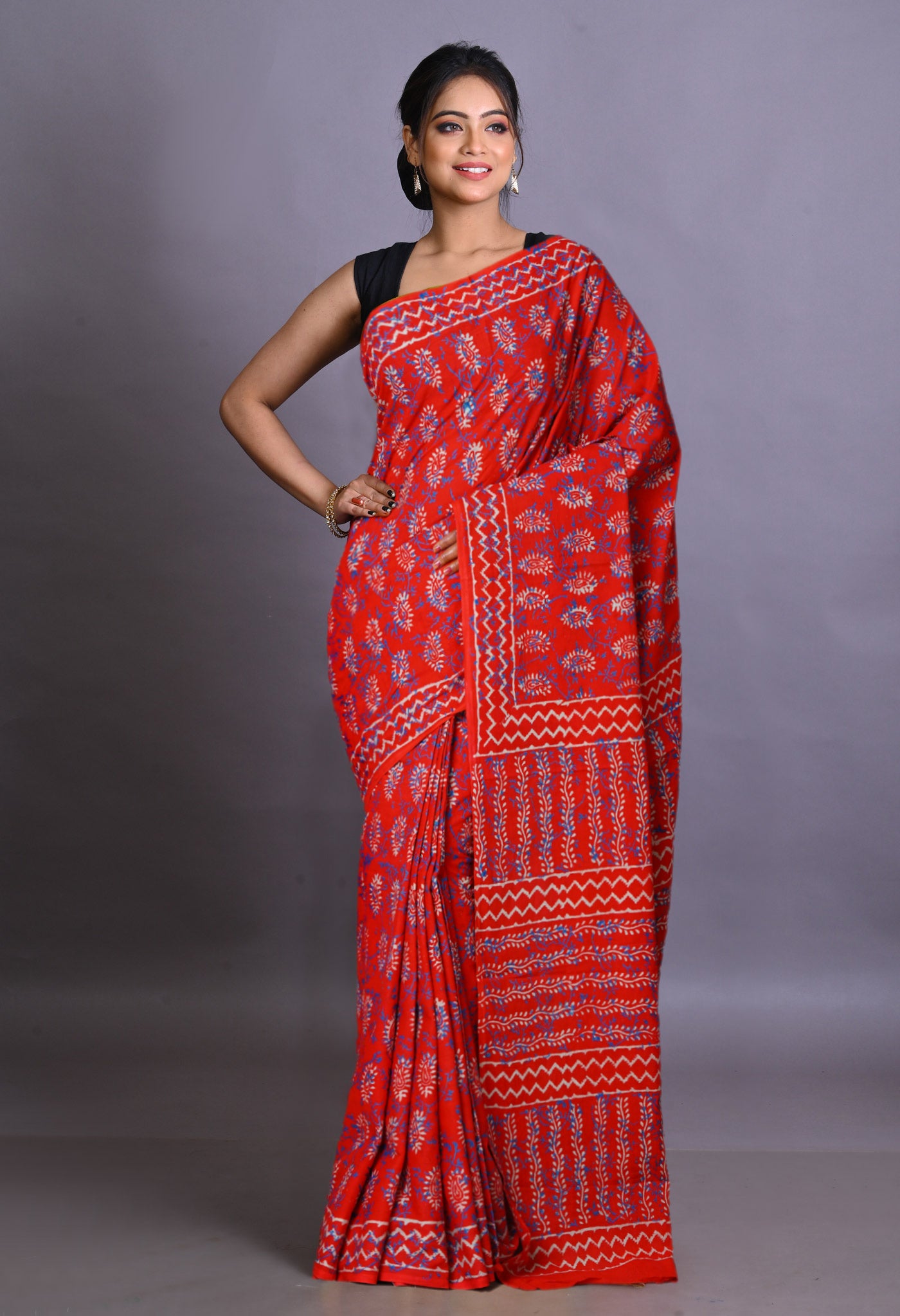 Red Pure Napthol Hand Block Pinted Soft Cotton Saree-UNM79860