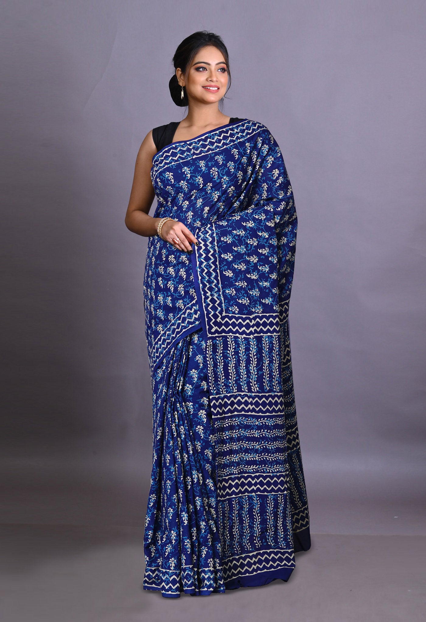 Navy Blue Pure Napthol Hand Block Pinted Soft Cotton Saree-UNM79861