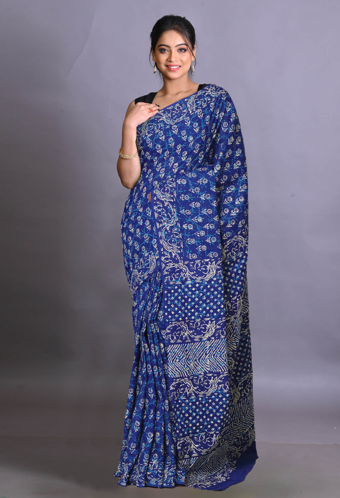 Navy Blue Pure Napthol Hand Block Pinted Soft Cotton Saree-UNM79863