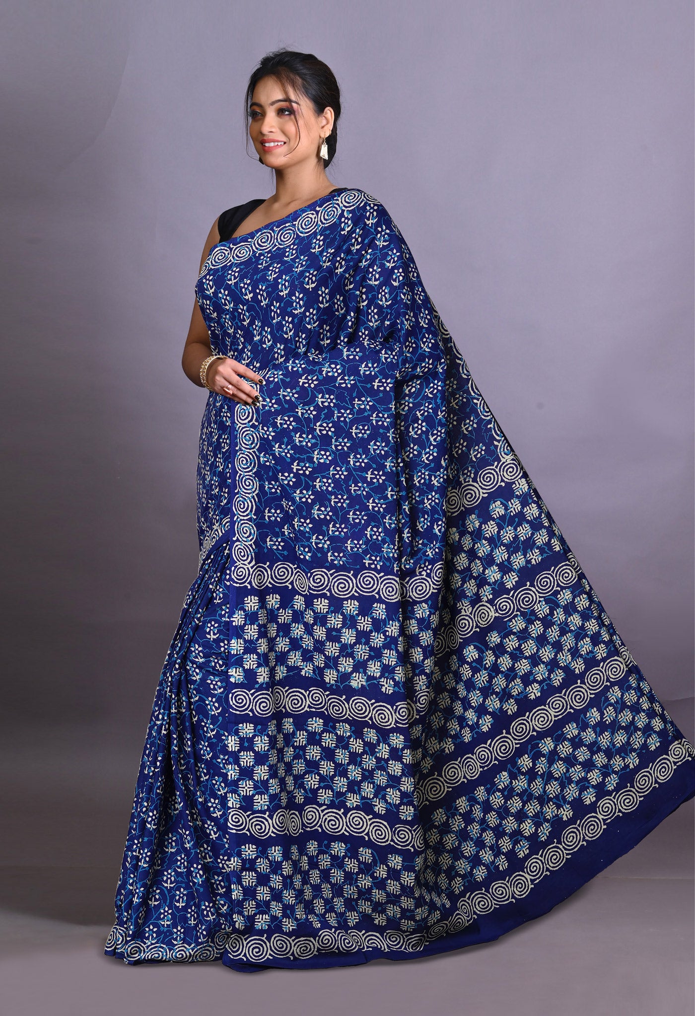 Navy Blue Pure Napthol Hand Block Pinted Soft Cotton Saree-UNM79865