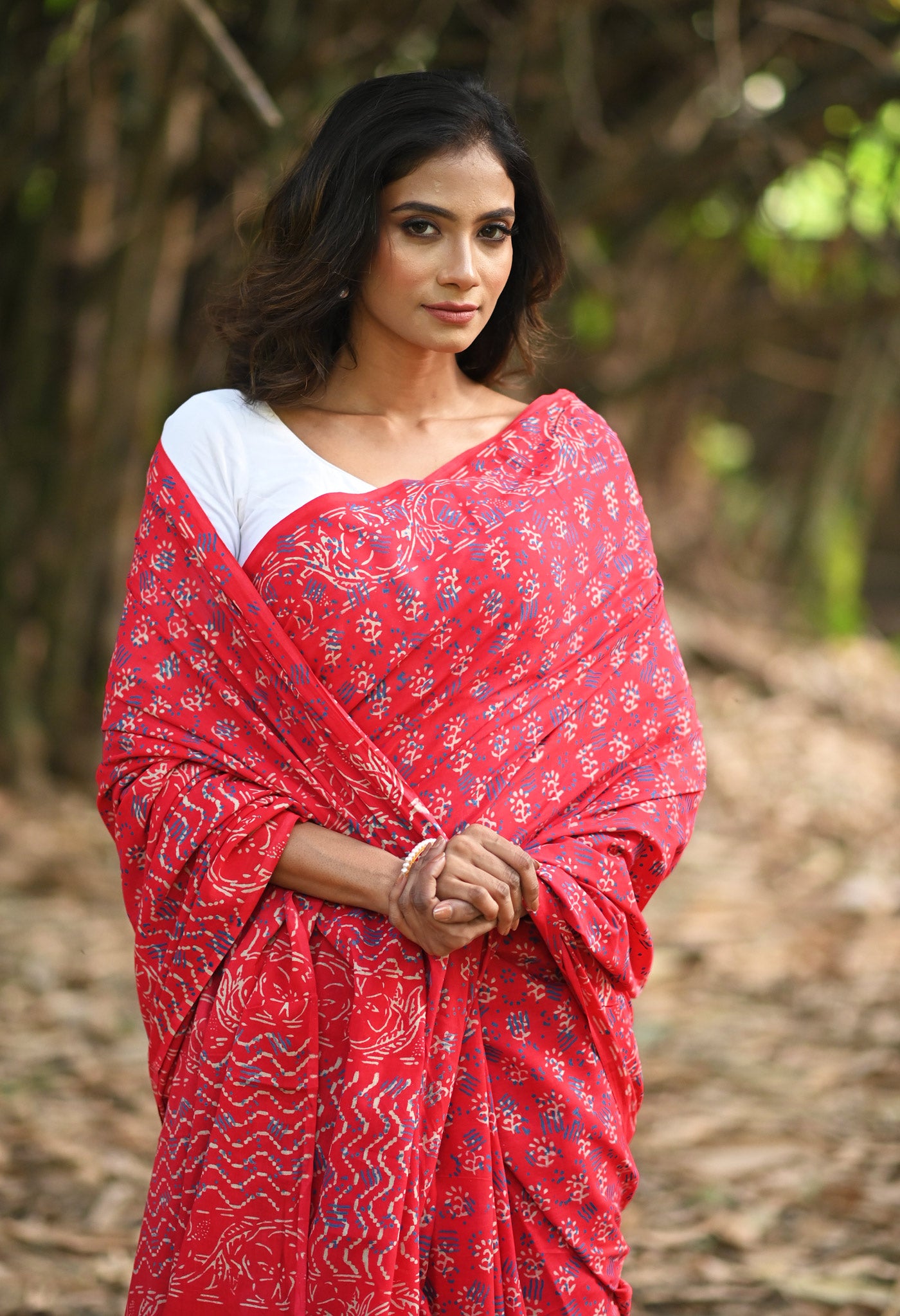 Red Pure Napthol Hand Block Pinted Soft Cotton Saree-UNM79866