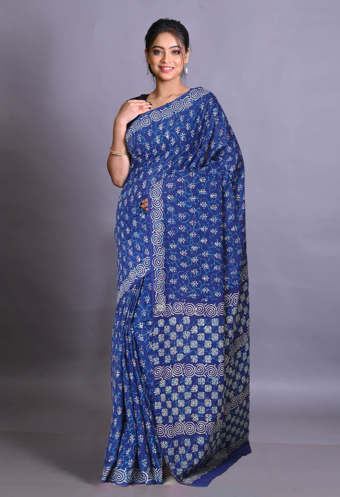 Navy Blue Pure Napthol Hand Block Pinted Soft Cotton Saree-UNM79870