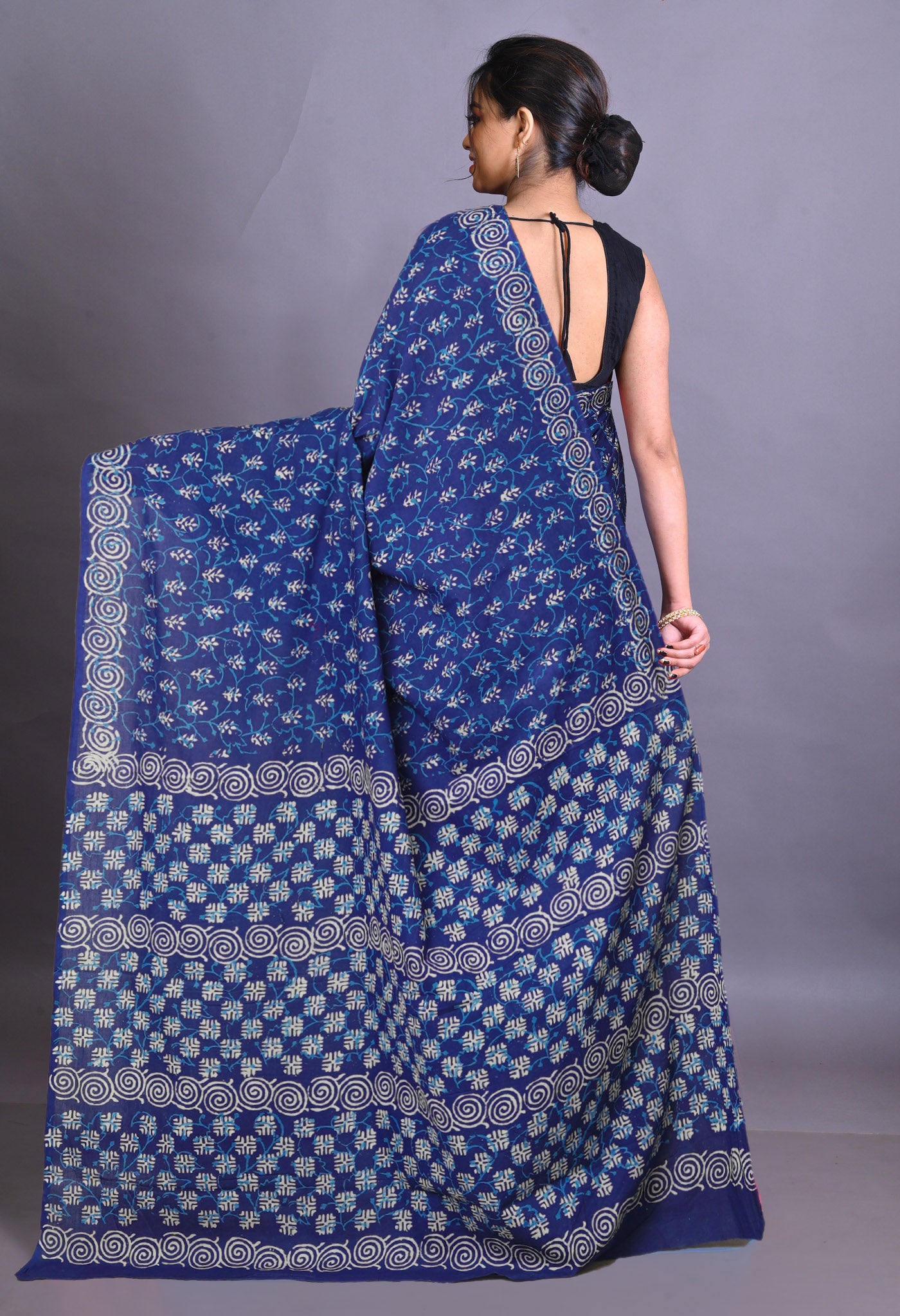 Navy Blue Pure Napthol Hand Block Pinted Soft Cotton Saree-UNM79870