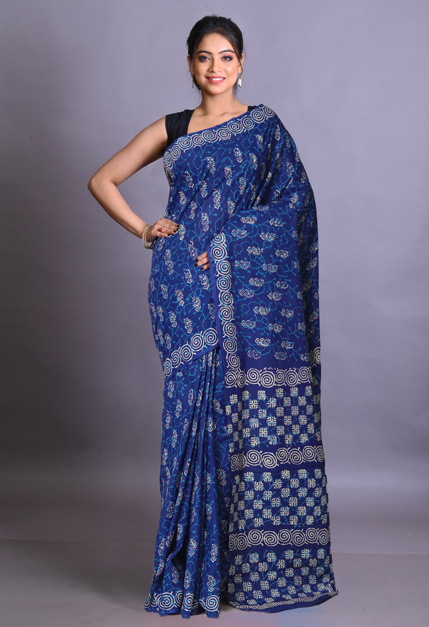 Navy Blue Pure Napthol Hand Block Pinted Soft Cotton Saree-UNM79872