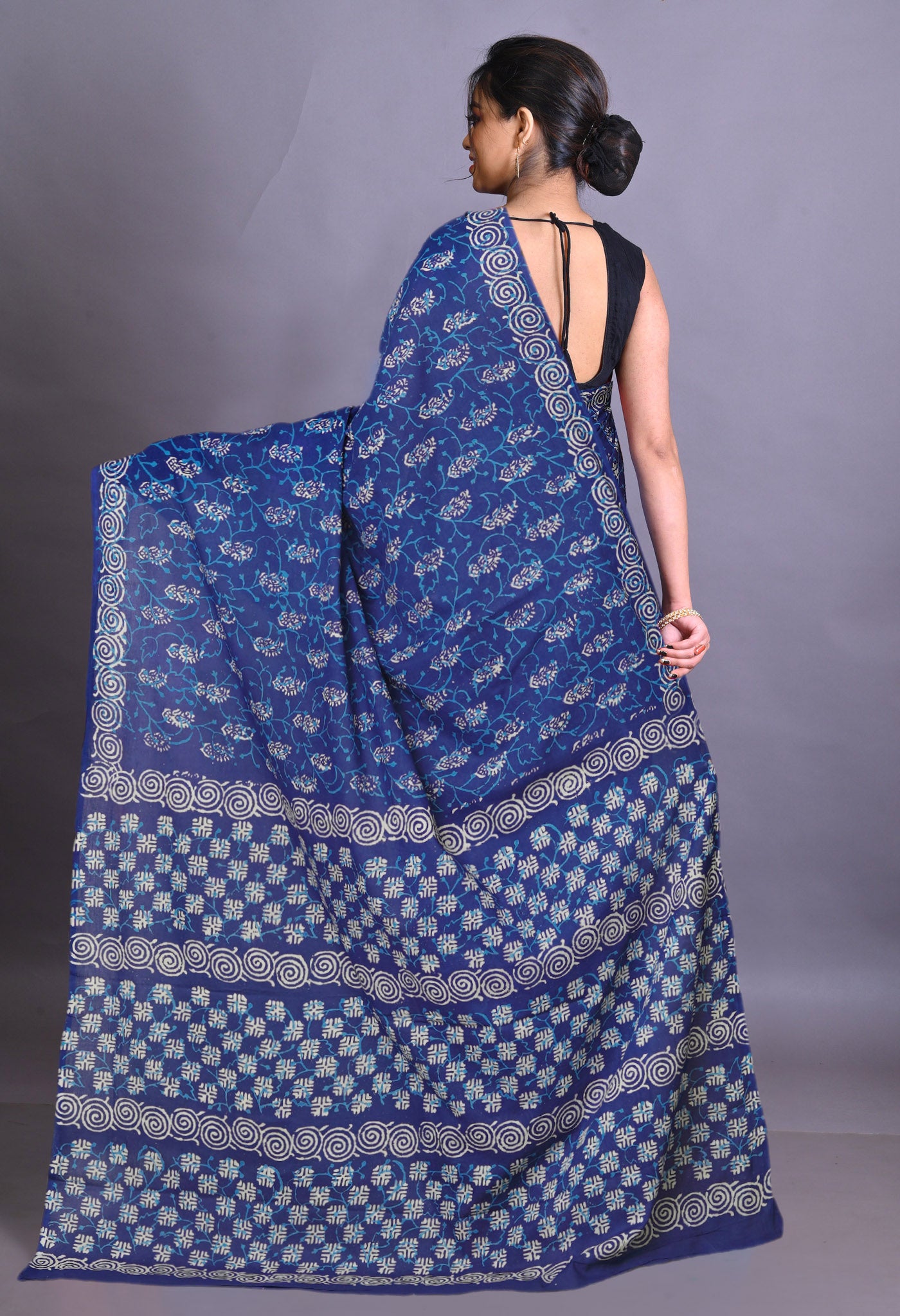 Navy Blue Pure Napthol Hand Block Pinted Soft Cotton Saree-UNM79872